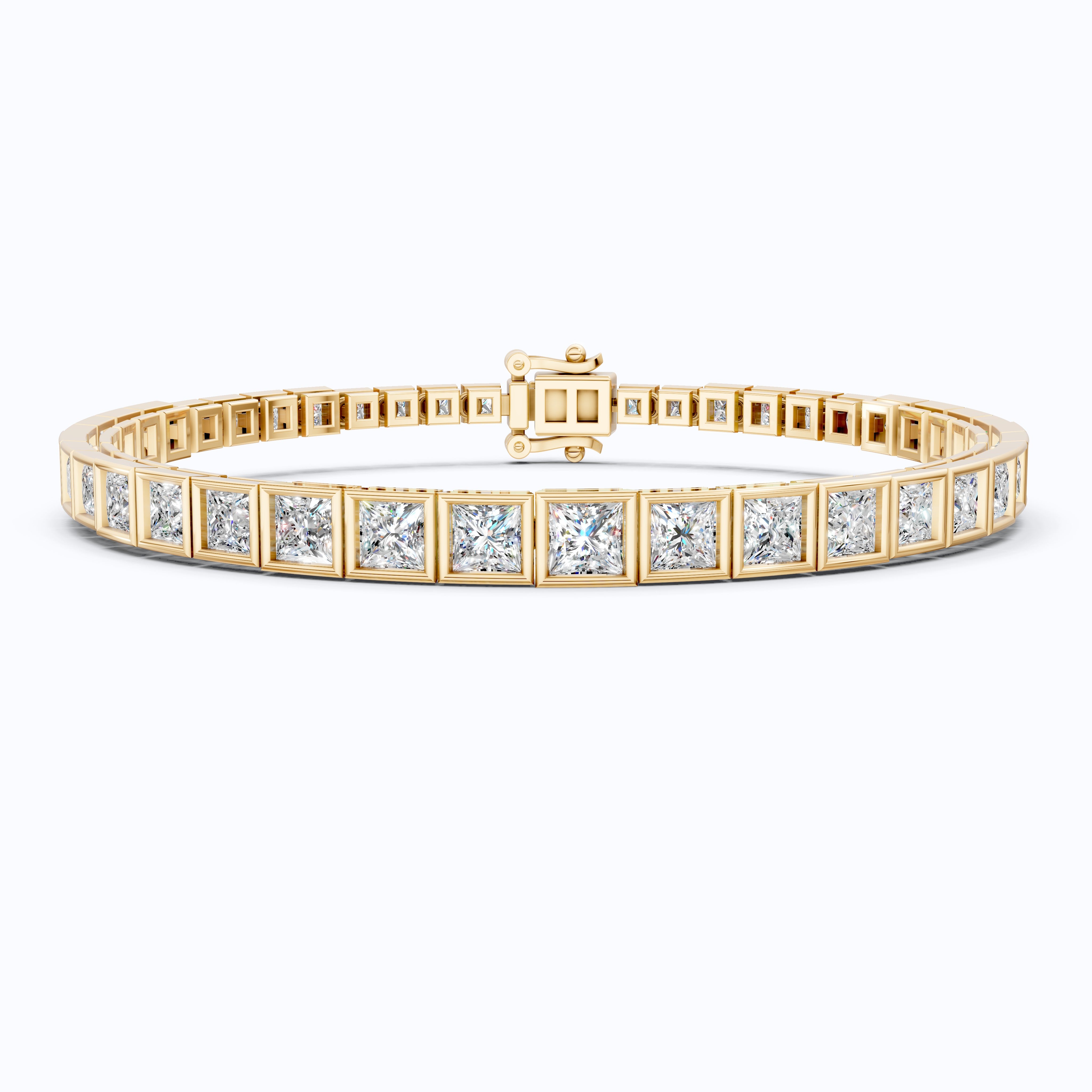 Bezel-Set Princess Cut Frame Line Women’s Tennis Bracelet in 14k Solid Gold, 8.15 TCW Princess Cut Lab Diamonds/Moissanite, Everyday Gift for Wife