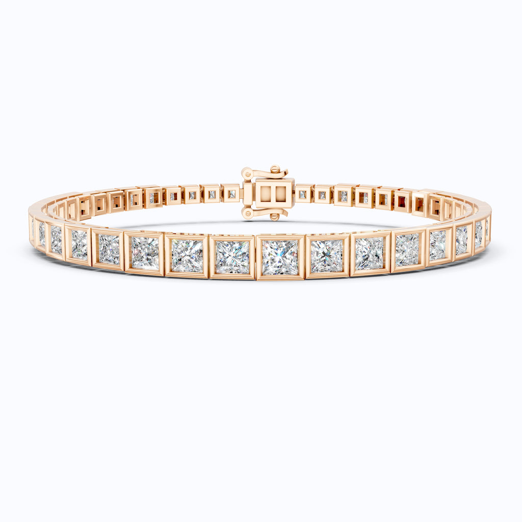 Bezel-Set Princess Cut Frame Line Women’s Tennis Bracelet in 14k Solid Gold, 8.15 TCW Princess Cut Lab Diamonds/Moissanite, Everyday Gift for Wife