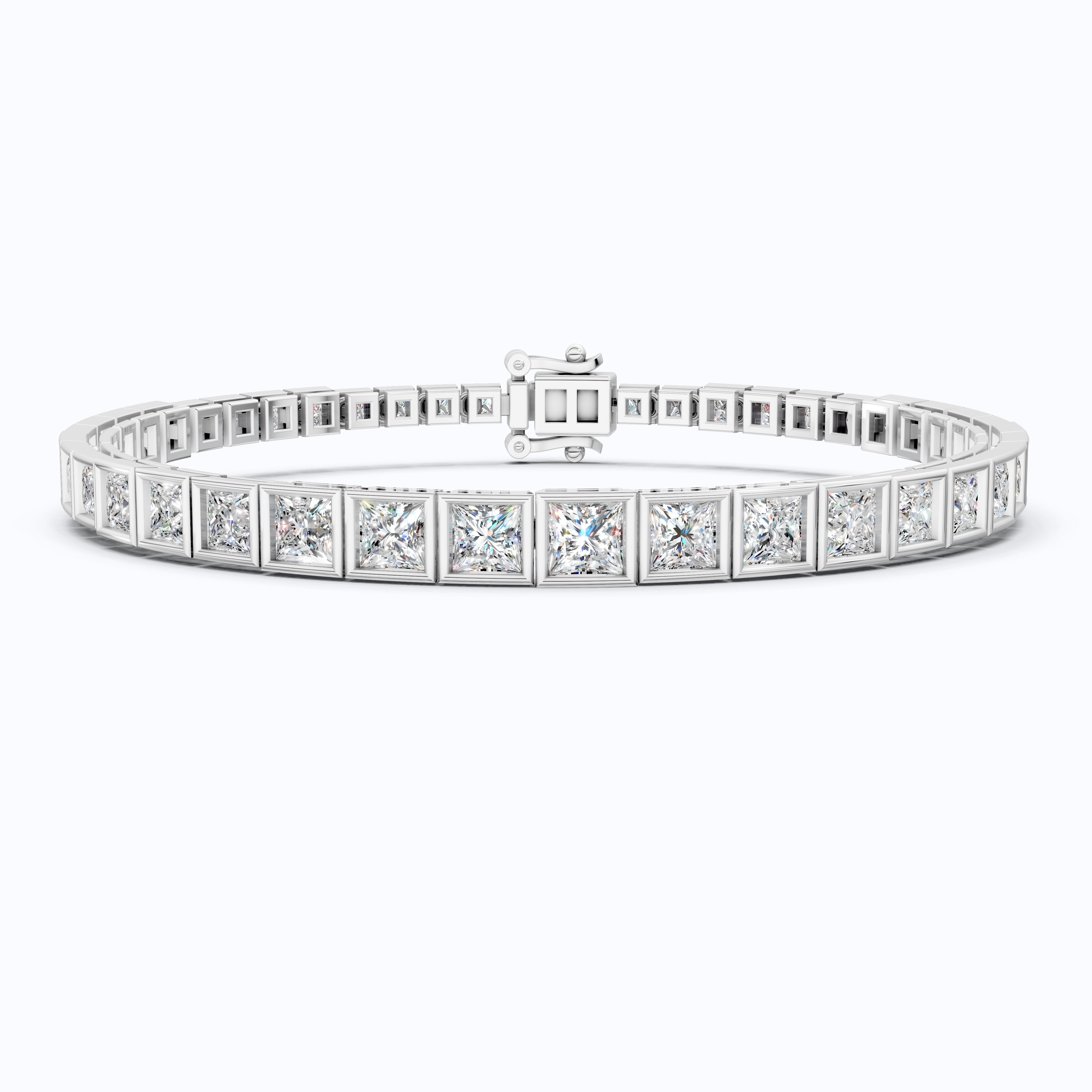 Bezel-Set Princess Cut Frame Line Women’s Tennis Bracelet in 14k Solid Gold, 8.15 TCW Princess Cut Lab Diamonds/Moissanite, Everyday Gift for Wife