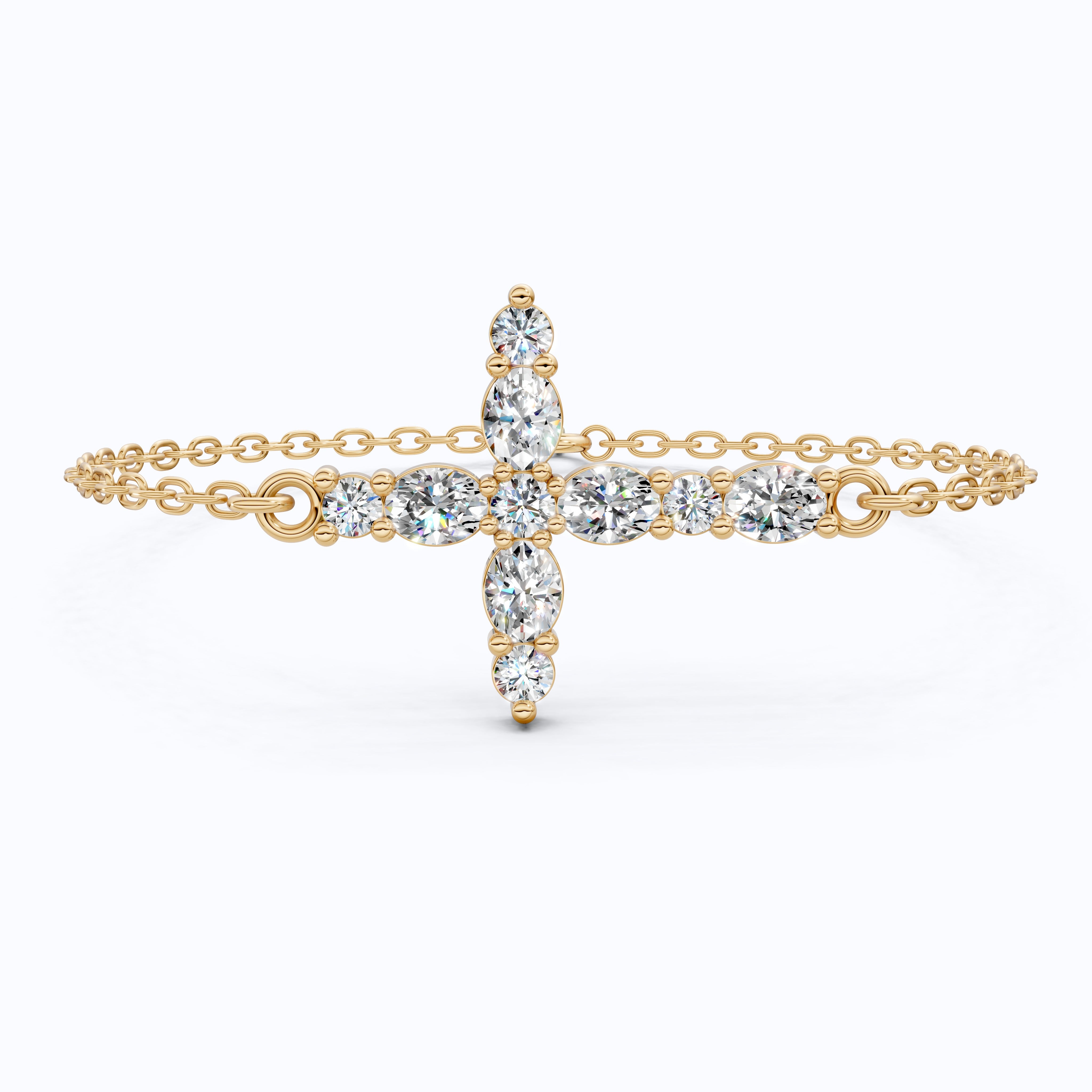Sparkling Oval Cluster Cross Chain Bracelet in 14K Solid Gold, 0.75 TCW Oval Cut Lab Grown Diamonds, Faith Bracelet, Birthday Gift for Her