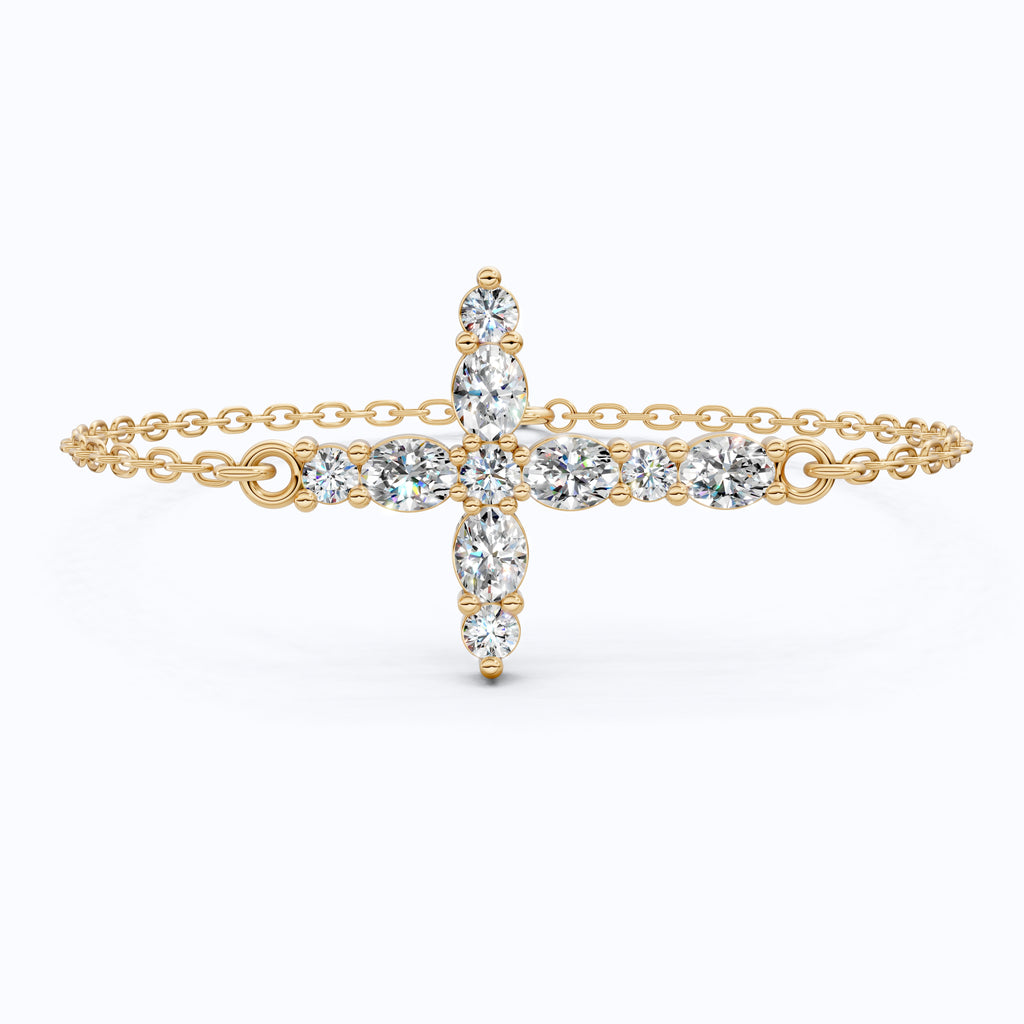 Sparkling Oval Cluster Cross Chain Bracelet in 14K Solid Gold, 0.75 TCW Oval Cut Lab Grown Diamonds, Faith Bracelet, Birthday Gift for Her