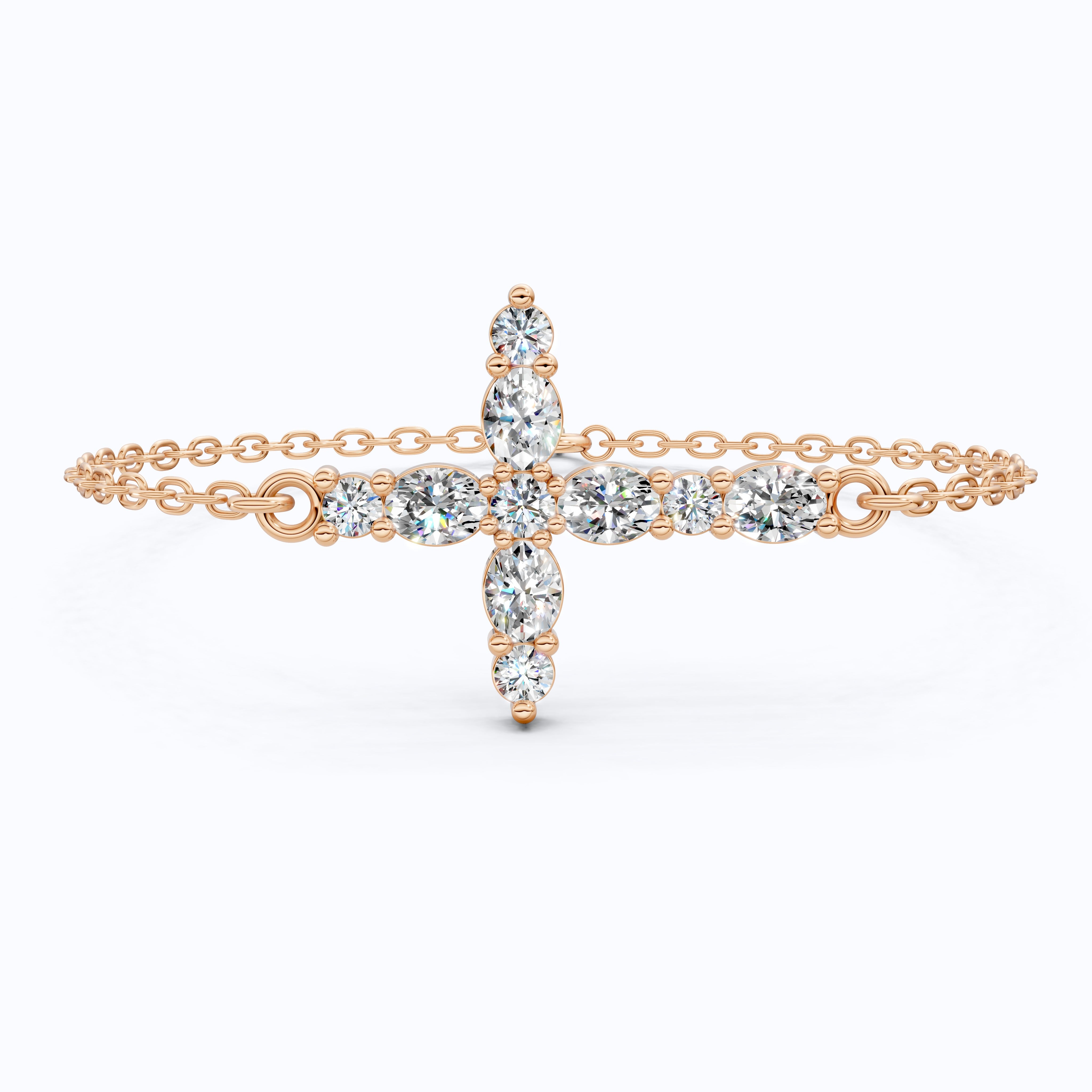 Sparkling Oval Cluster Cross Chain Bracelet in 14K Solid Gold, 0.75 TCW Oval Cut Lab Grown Diamonds, Faith Bracelet, Birthday Gift for Her