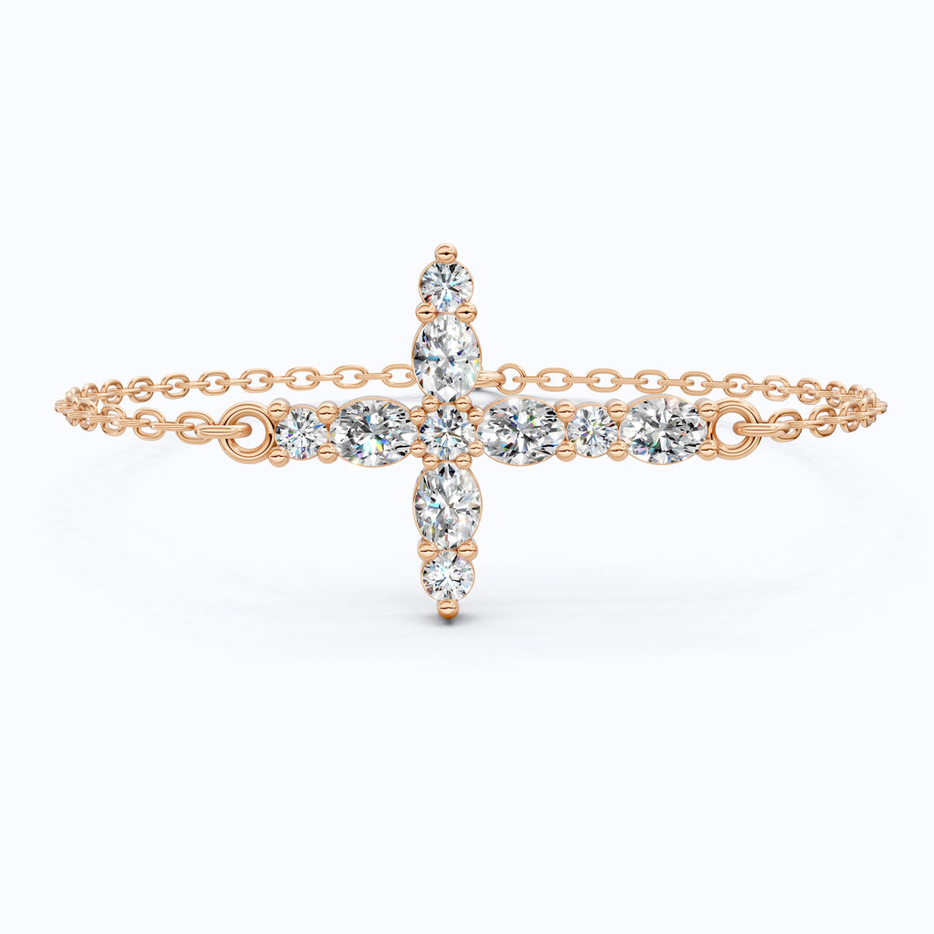 Sparkling Oval Cluster Cross Chain Bracelet in 14K Solid Gold, 0.75 TCW Oval Cut Lab Grown Diamonds, Faith Bracelet, Birthday Gift for Her