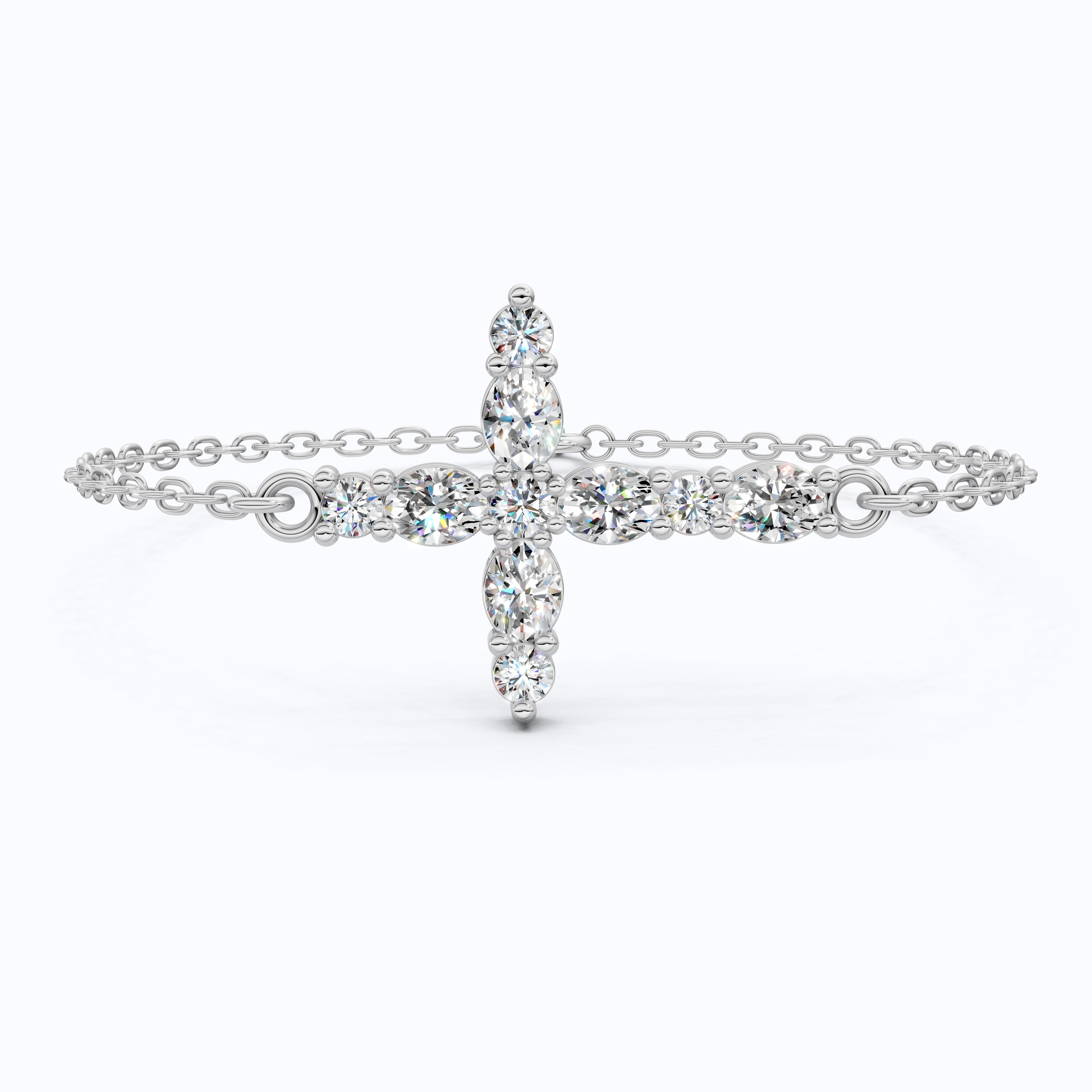 Sparkling Oval Cluster Cross Chain Bracelet in 14K Solid Gold, 0.75 TCW Oval Cut Lab Grown Diamonds, Faith Bracelet, Birthday Gift for Her