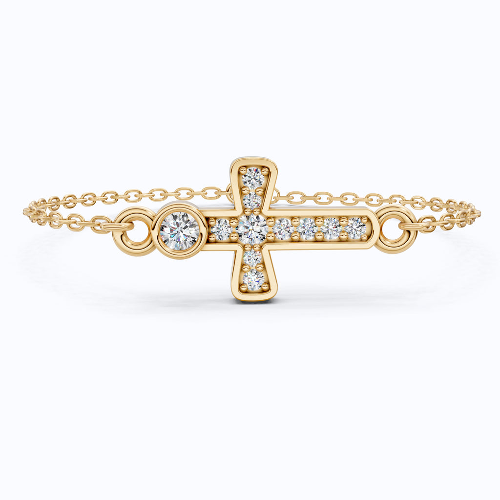 Sparkling Bezel and Cross Chain Bracelet in 14K Solid Gold, 0.13 TCW Round Cut Lab Created Diamonds, Birthday Gift For Her, Faith Jewelry