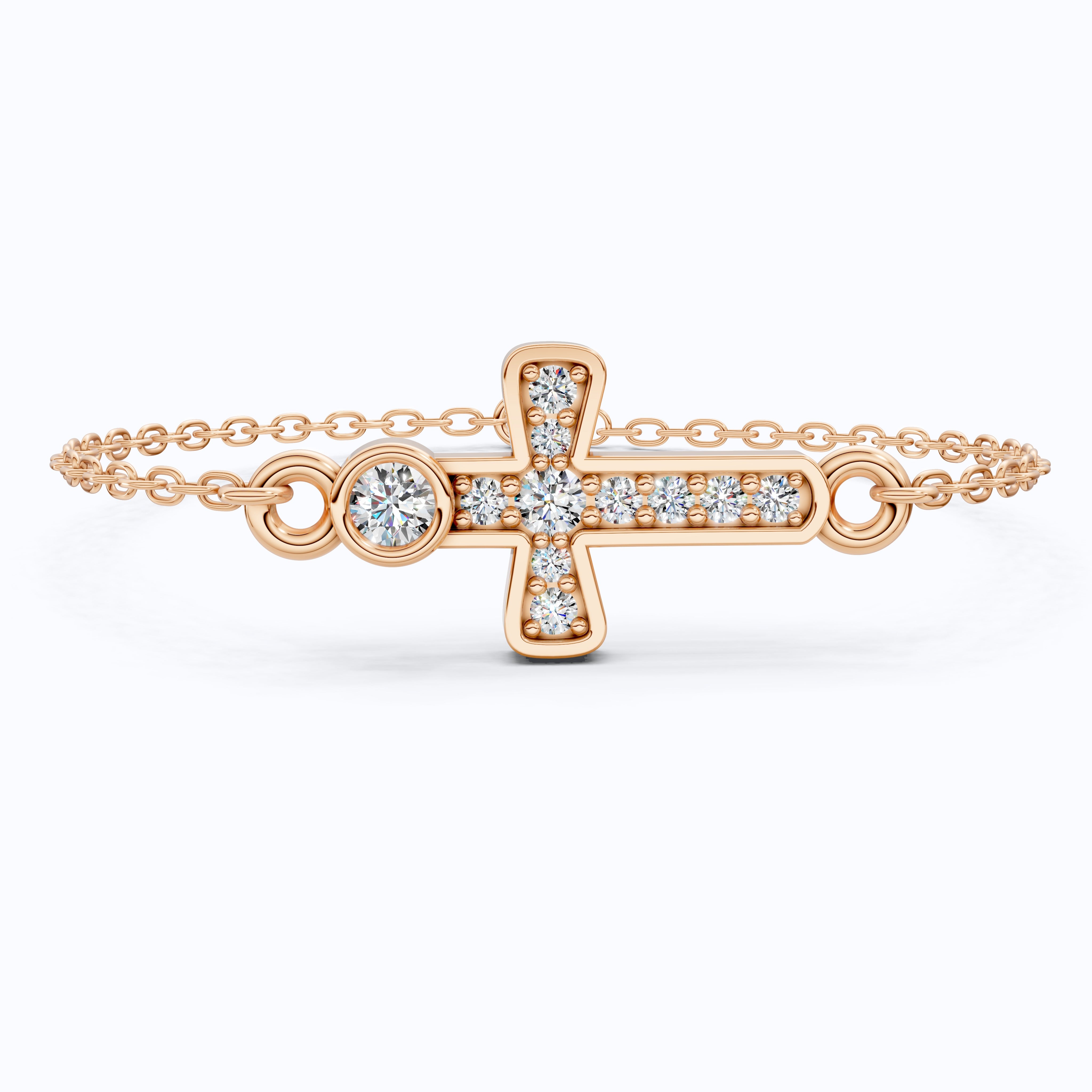 Sparkling Bezel and Cross Chain Bracelet in 14K Solid Gold, 0.13 TCW Round Cut Lab Created Diamonds, Birthday Gift For Her, Faith Jewelry