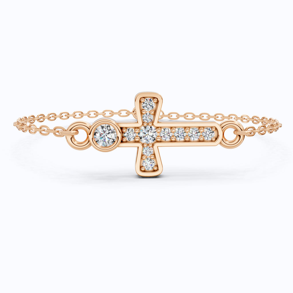 Sparkling Bezel and Cross Chain Bracelet in 14K Solid Gold, 0.13 TCW Round Cut Lab Created Diamonds, Birthday Gift For Her, Faith Jewelry