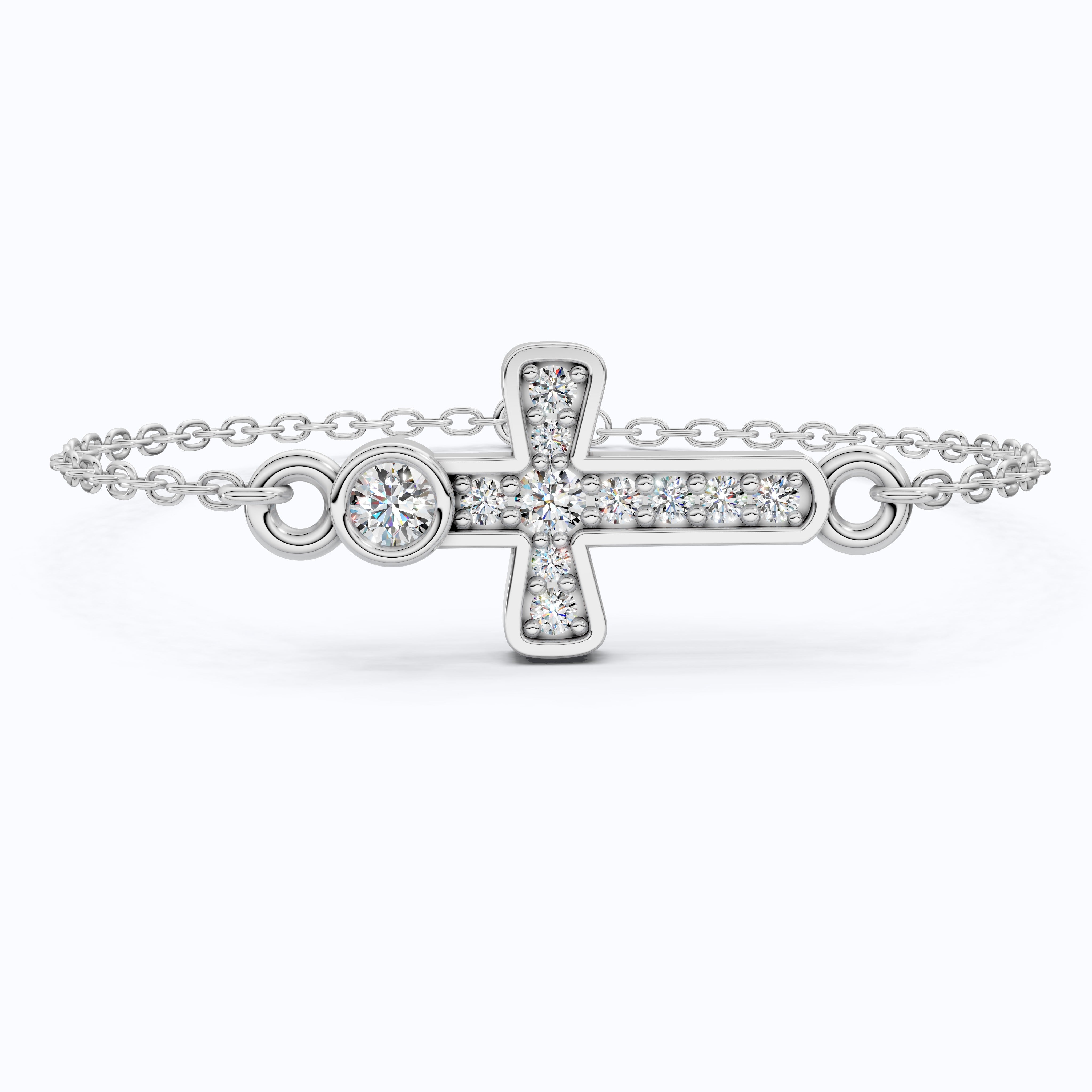 Sparkling Bezel and Cross Chain Bracelet in 14K Solid Gold, 0.13 TCW Round Cut Lab Created Diamonds, Birthday Gift For Her, Faith Jewelry