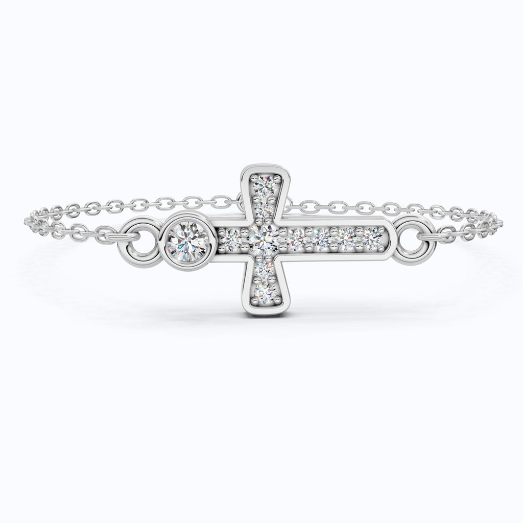Sparkling Bezel and Cross Chain Bracelet in 14K Solid Gold, 0.13 TCW Round Cut Lab Created Diamonds, Birthday Gift For Her, Faith Jewelry