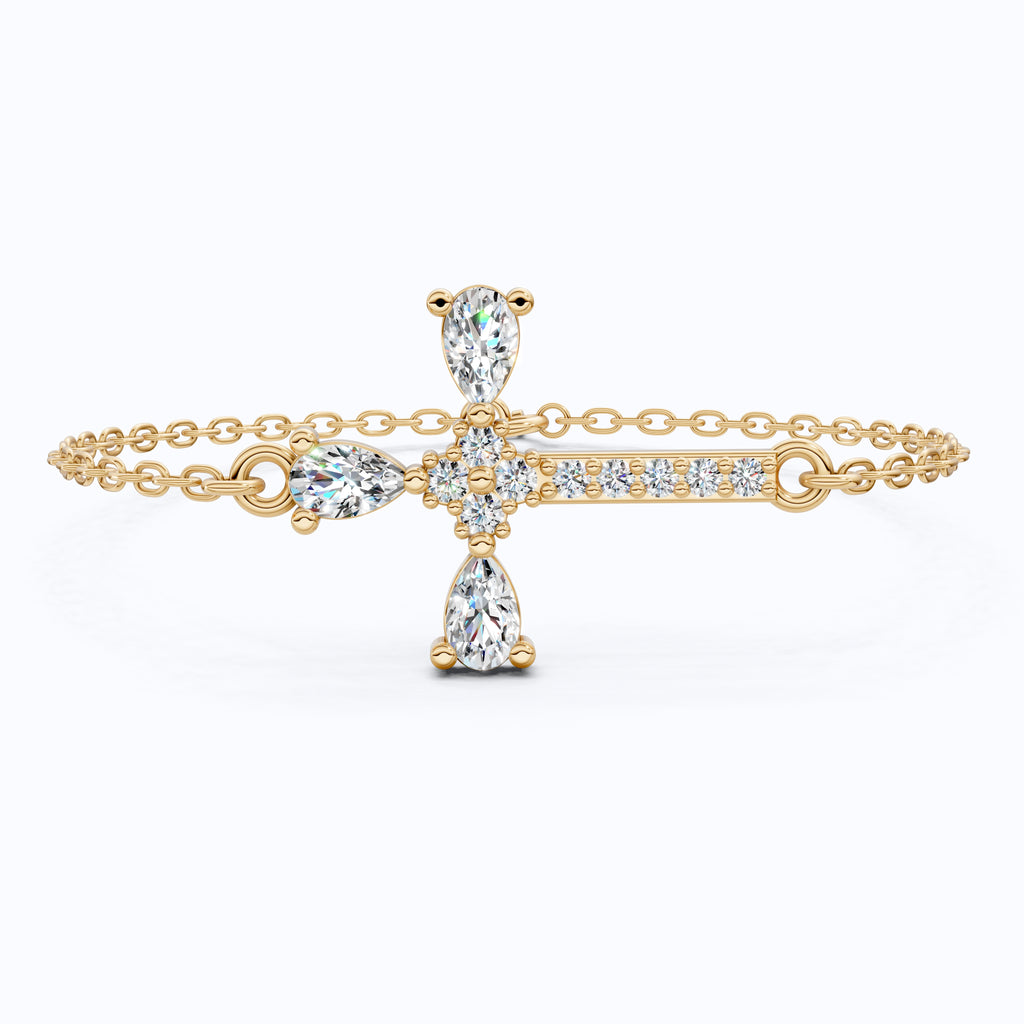 Modern Religious Cross Chain Bracelet with 14K Solid Gold, 0.75 TCW Pear Cut Lab Created Diamonds, Bridal Jewelry, Wedding Gift For Her
