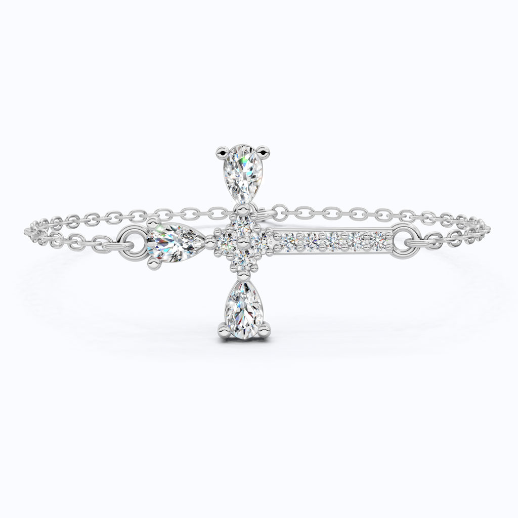 Modern Religious Cross Chain Bracelet with 14K Solid Gold, 0.75 TCW Pear Cut Lab Created Diamonds, Bridal Jewelry, Wedding Gift For Her