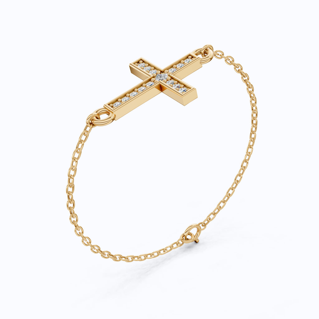 Horizontal Cross Dainty Chain Bracelet in 14k Solid Gold, 0.09 TCW Round Cut Lab Grown Diamonds, Promise Jewelry, Religious Gift for Wife
