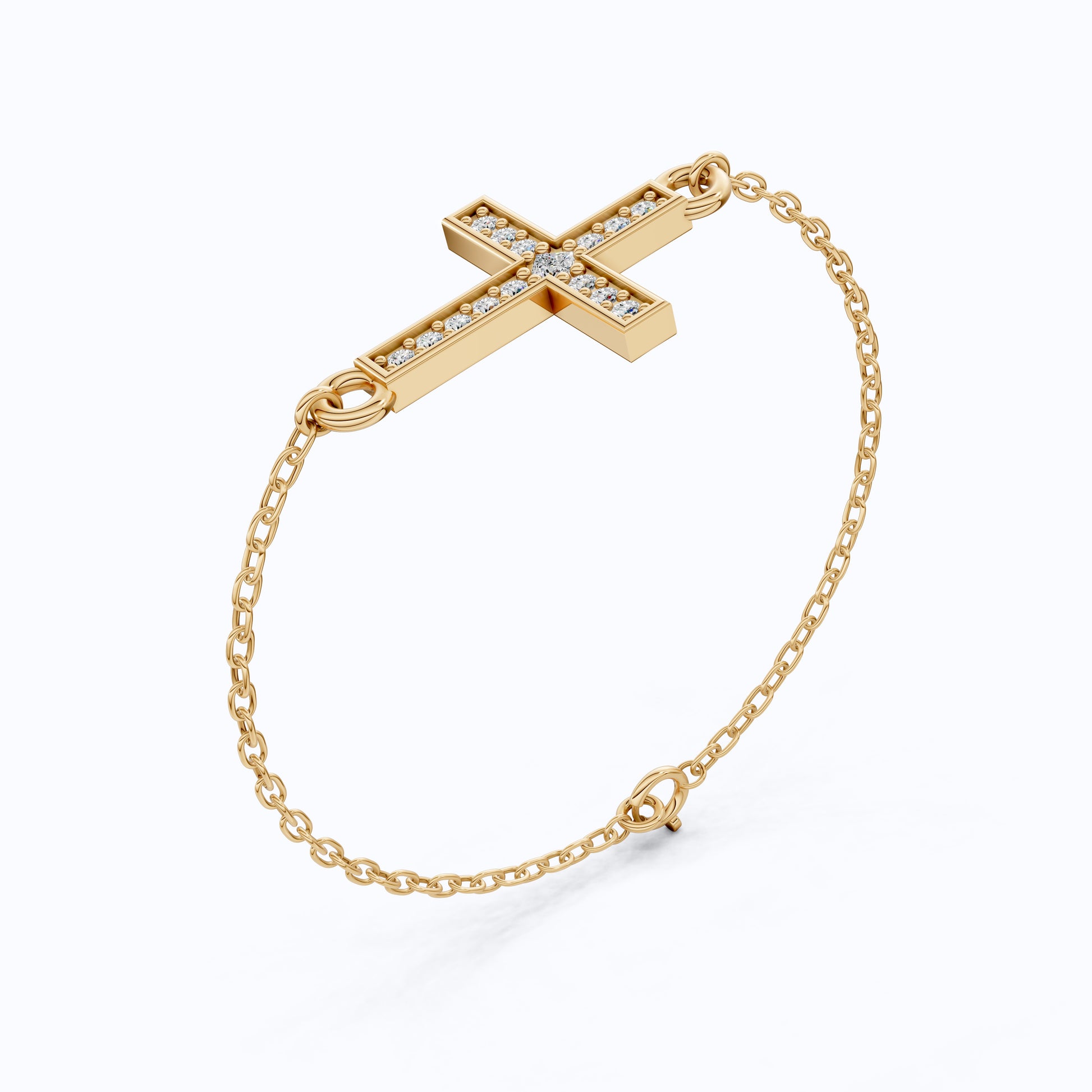 Horizontal Cross Dainty Chain Bracelet in 14k Solid Gold, 0.09 TCW Round Cut Lab Grown Diamonds, Promise Jewelry, Religious Gift for Wife