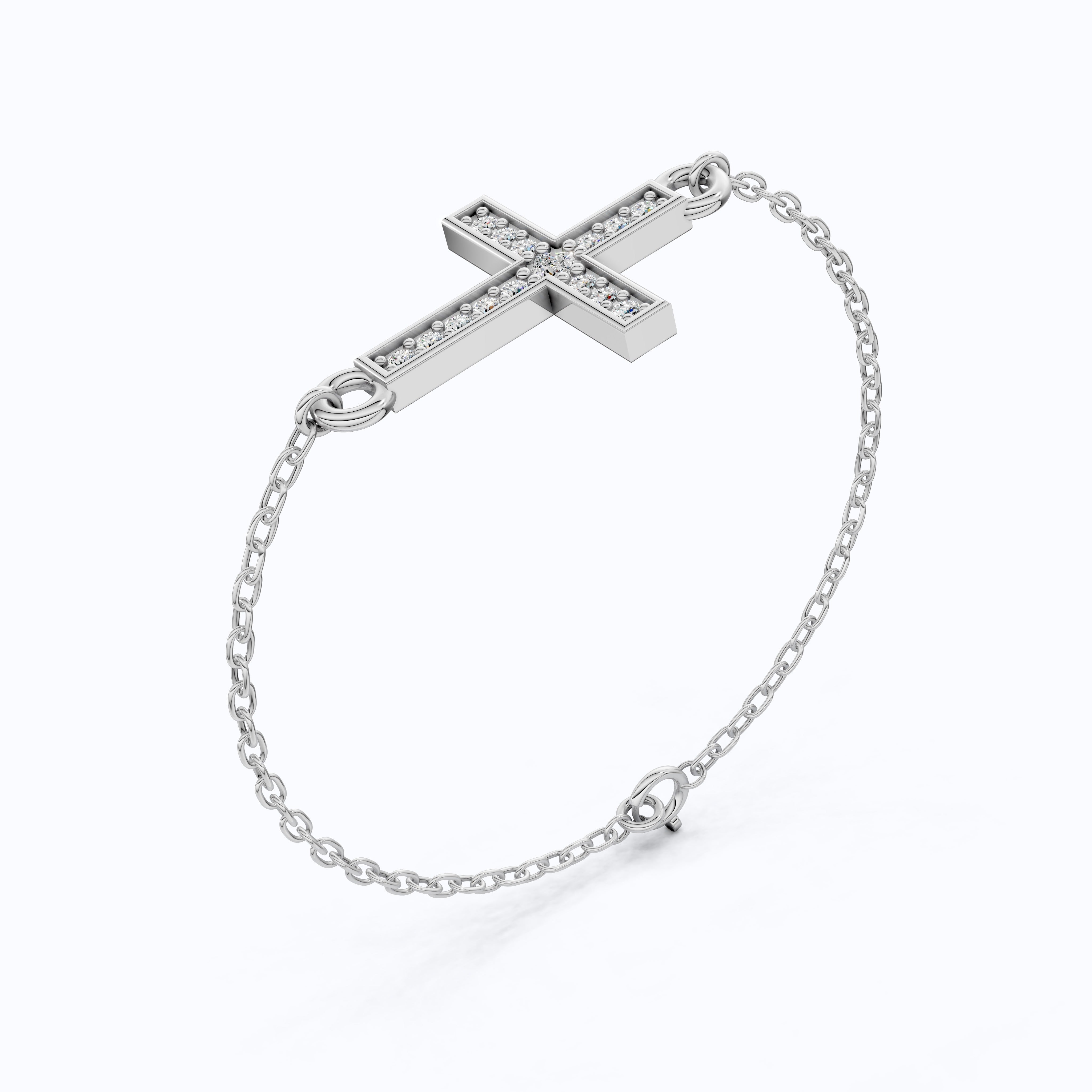 Horizontal Cross Dainty Chain Bracelet in 14k Solid Gold, 0.09 TCW Round Cut Lab Grown Diamonds, Promise Jewelry, Religious Gift for Wife