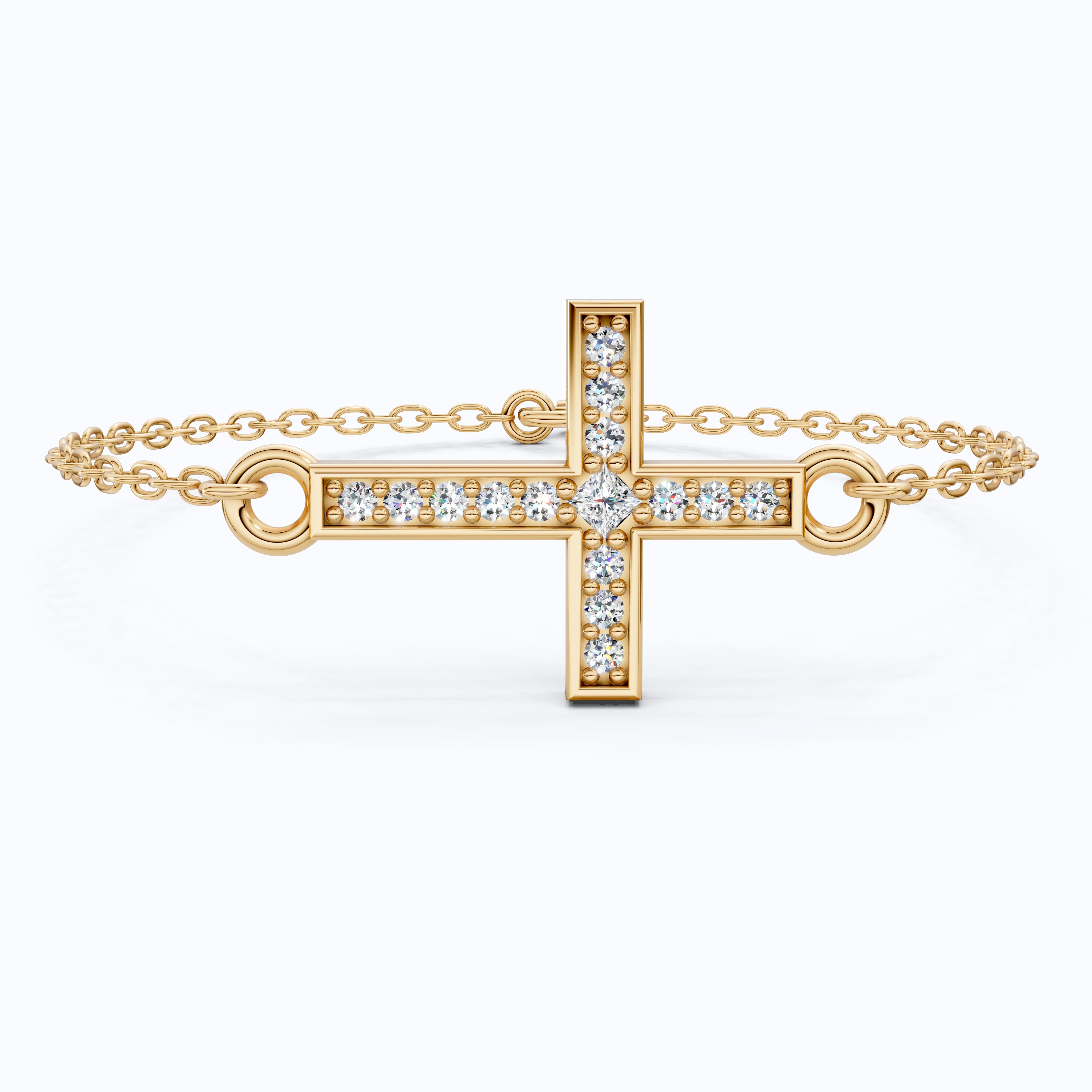 Horizontal Cross Dainty Chain Bracelet in 14k Solid Gold, 0.09 TCW Round Cut Lab Grown Diamonds, Promise Jewelry, Religious Gift for Wife