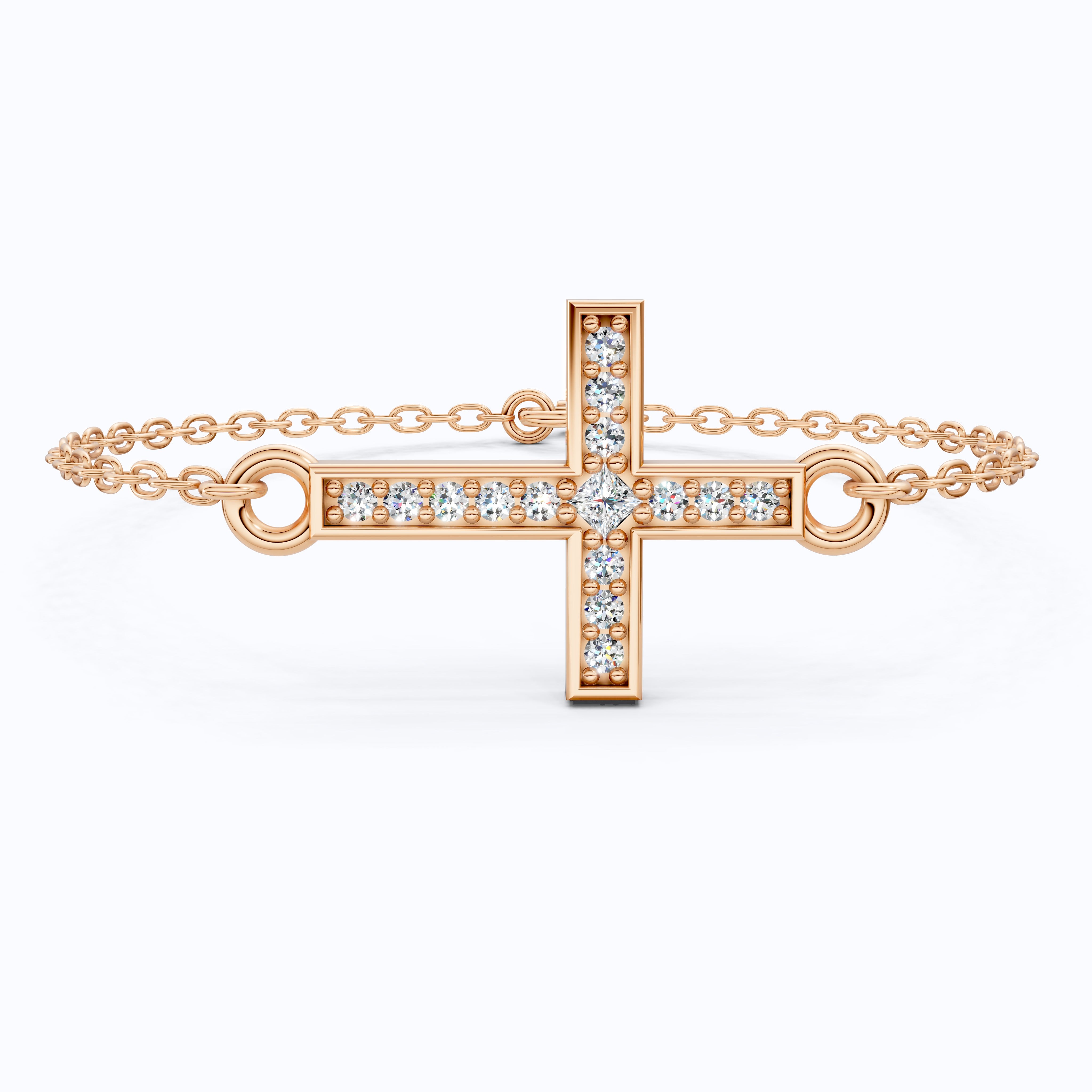 Horizontal Cross Dainty Chain Bracelet in 14k Solid Gold, 0.09 TCW Round Cut Lab Grown Diamonds, Promise Jewelry, Religious Gift for Wife