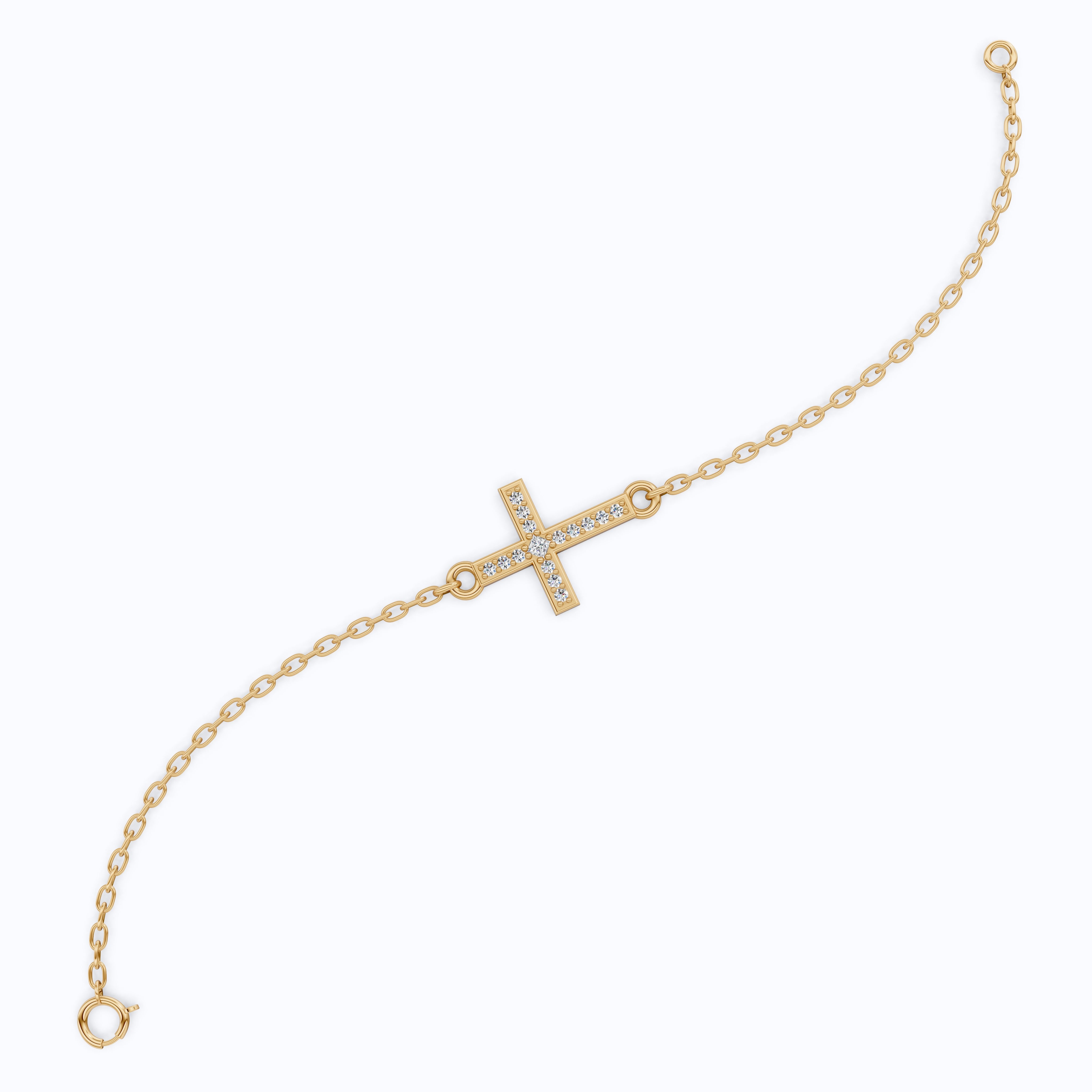 Horizontal Cross Dainty Chain Bracelet in 14k Solid Gold, 0.09 TCW Round Cut Lab Grown Diamonds, Promise Jewelry, Religious Gift for Wife