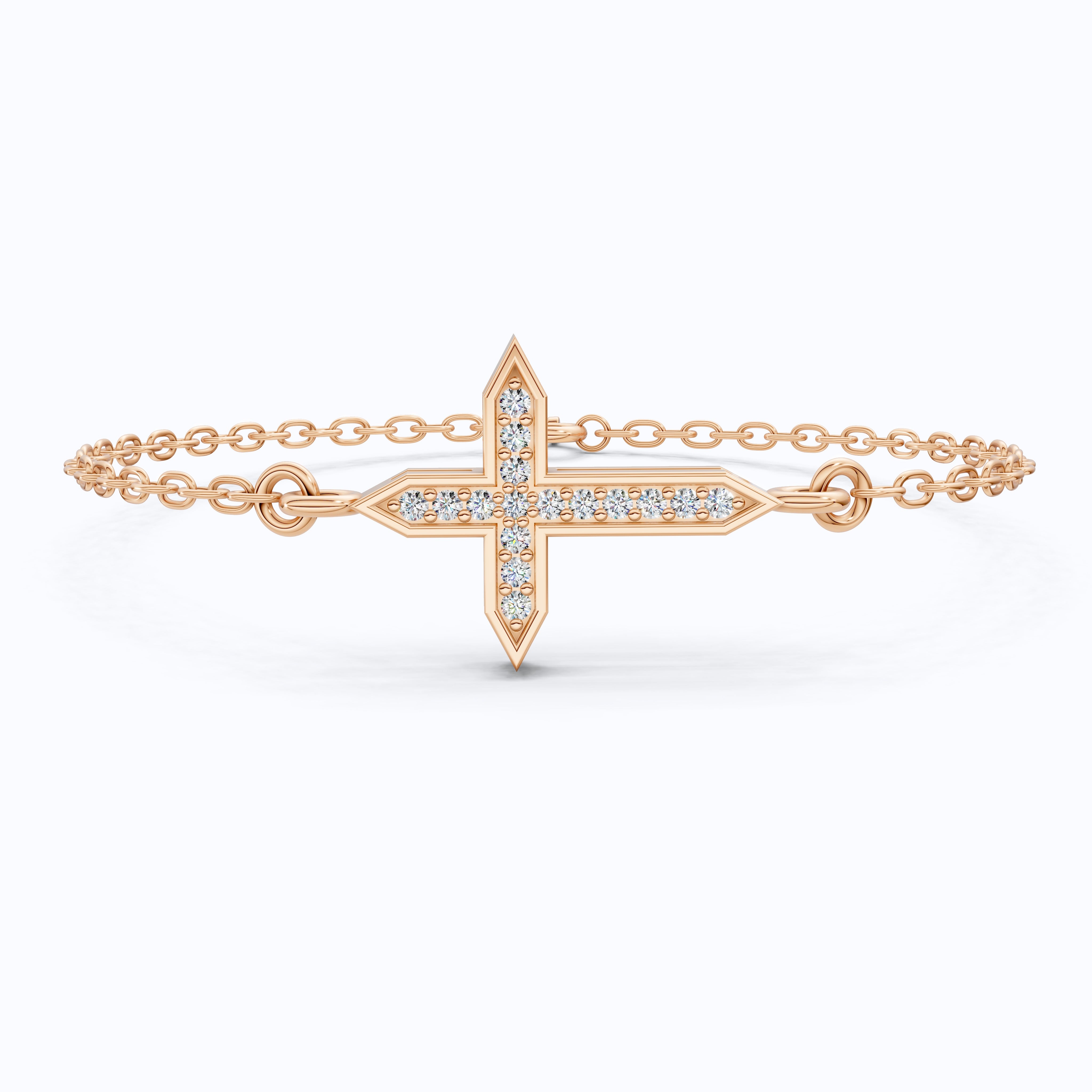 Dainty Arrow Tip Cross Chain Bracelet in 14K Solid Gold, 0.06 TCW Round Cut Lab Created Diamonds, Christian Bracelet, Christmas Gift for Her