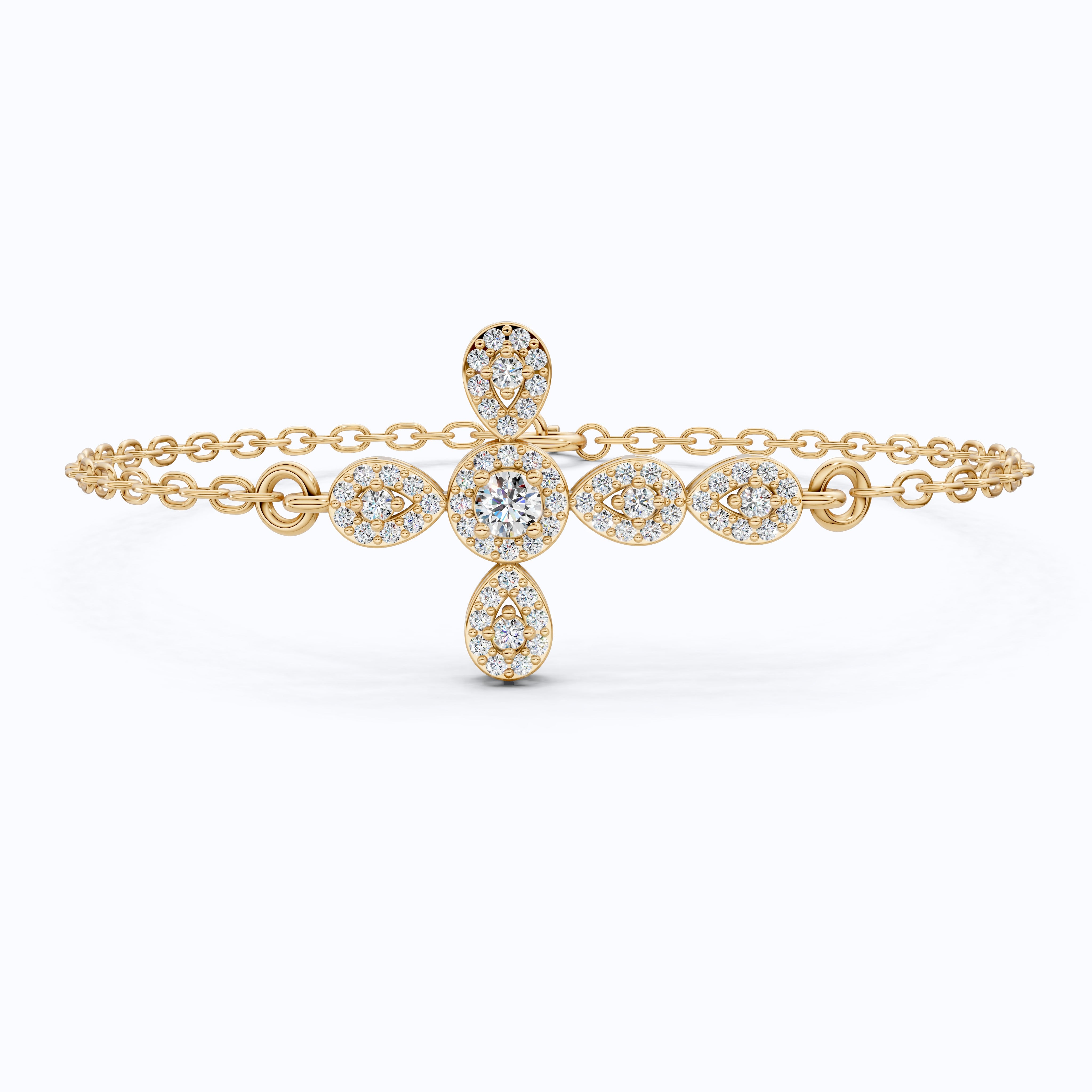 Dainty Cluster pear Halo cross Chain bracelet in 14K Solid Gold, 0.40 Round Cut Lab Created Diamonds, Vintage Gift for Her, Bridal Jewelry