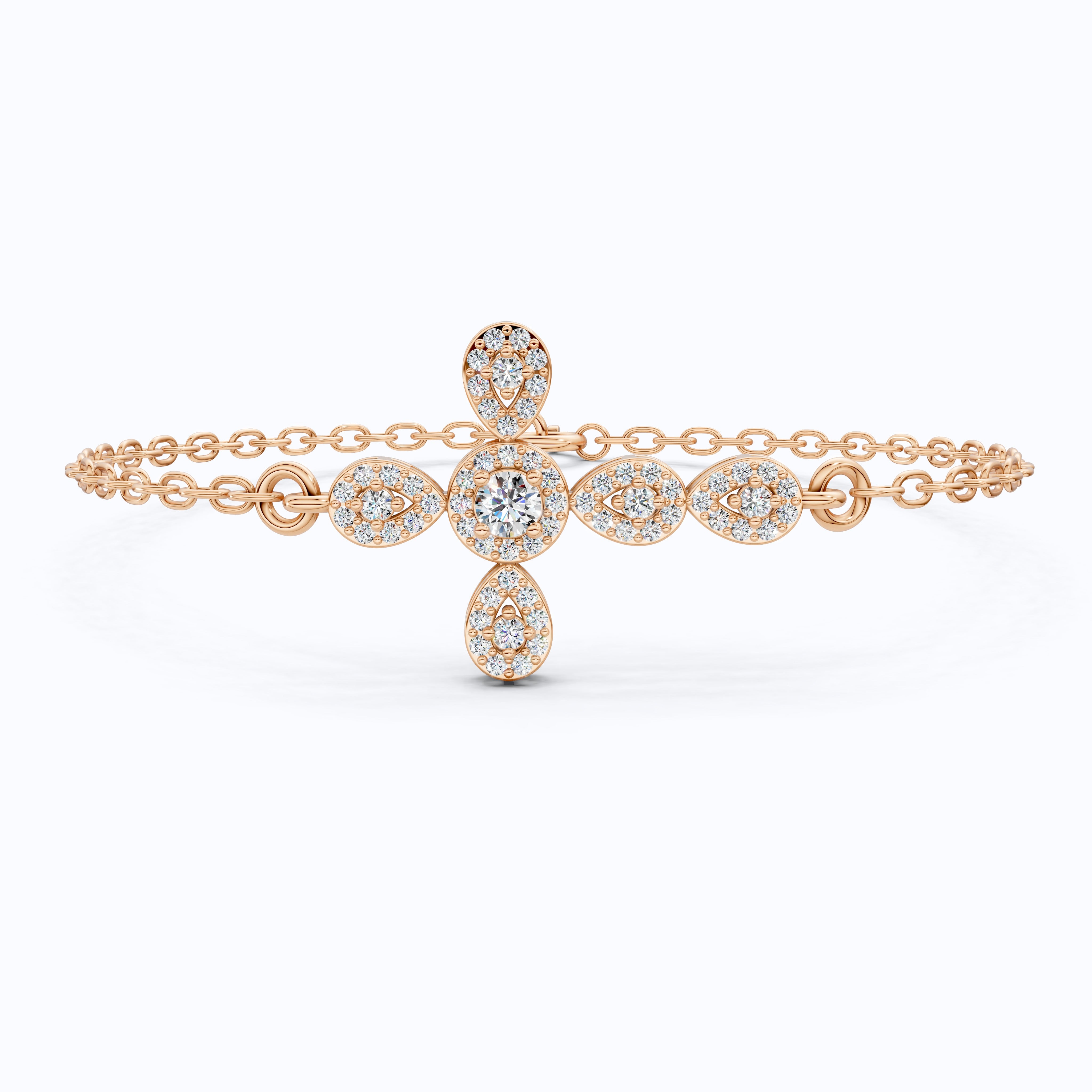 Dainty Cluster pear Halo cross Chain bracelet in 14K Solid Gold, 0.40 Round Cut Lab Created Diamonds, Vintage Gift for Her, Bridal Jewelry