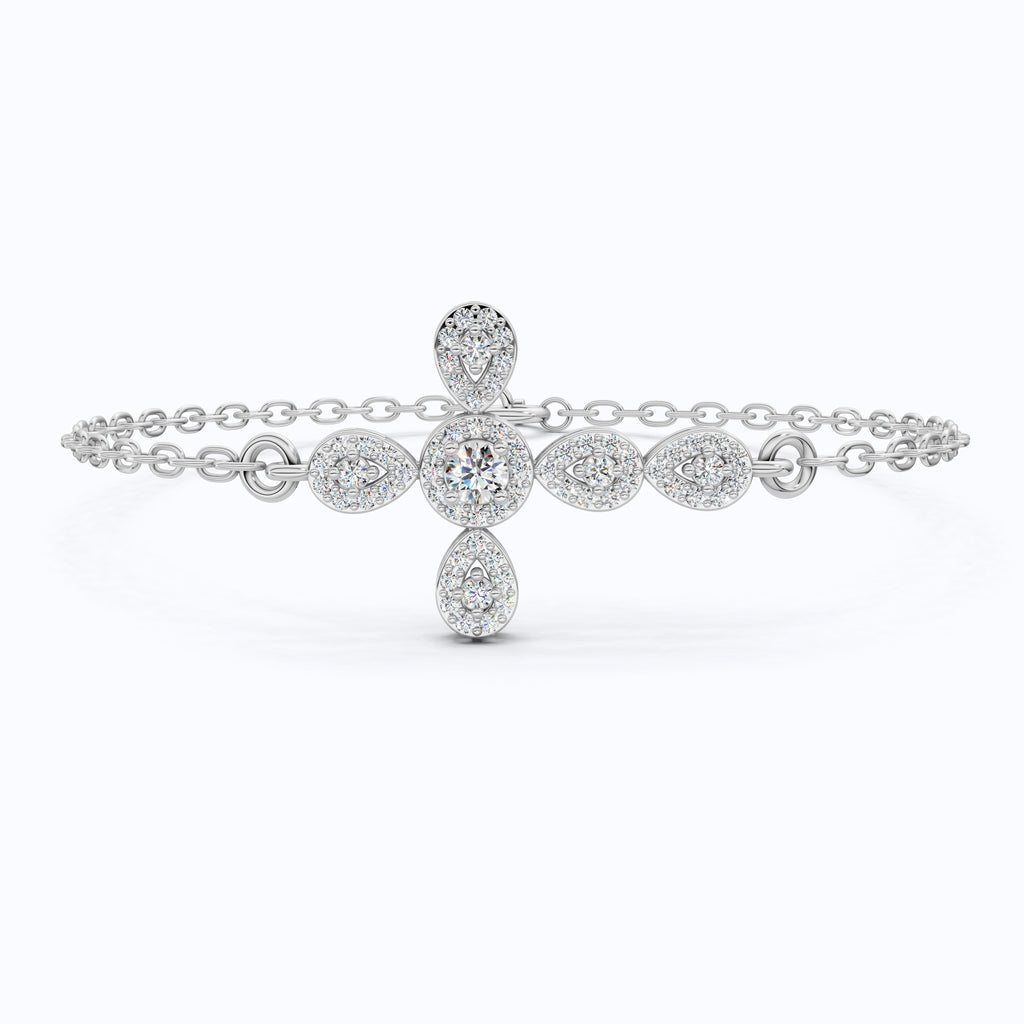 Dainty Cluster pear Halo cross Chain bracelet in 14K Solid Gold, 0.40 Round Cut Lab Created Diamonds, Vintage Gift for Her, Bridal Jewelry