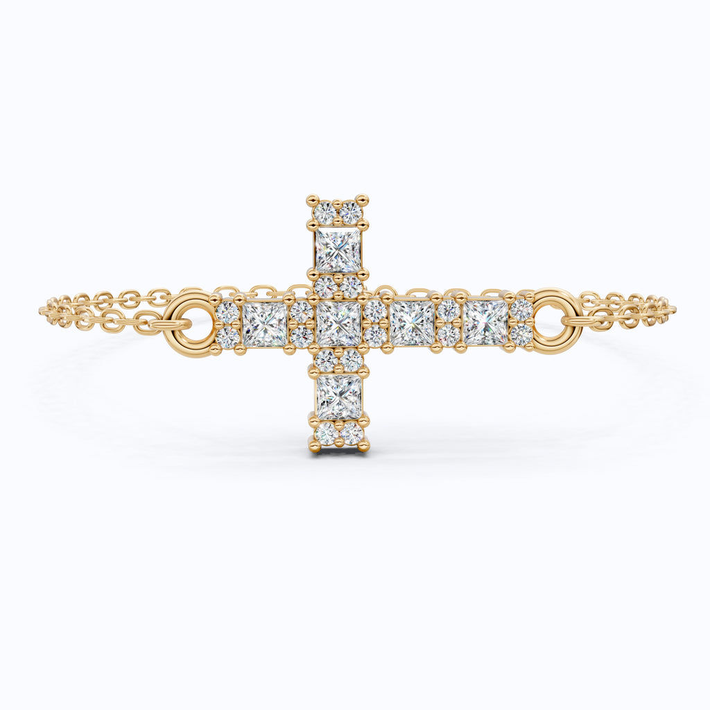 Modern princess cut cross Chain bracelet in 14K Solid Gold, 0.42 TCW Princess Cut Lab Created Diamonds, Baptism Bracelet, Gift for Her, Daily Wear Jewelry
