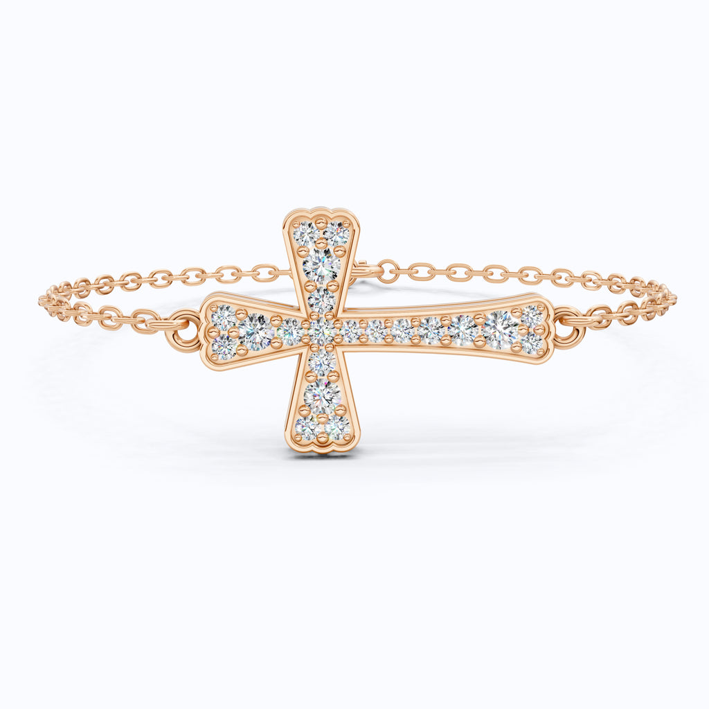 Tapered pavé cross Chain bracelet in 14K Solid Gold, 0.52 TCW Round Cut Lab Created Diamonds, Dainty Faith Bracelet, Wedding Gift for Her