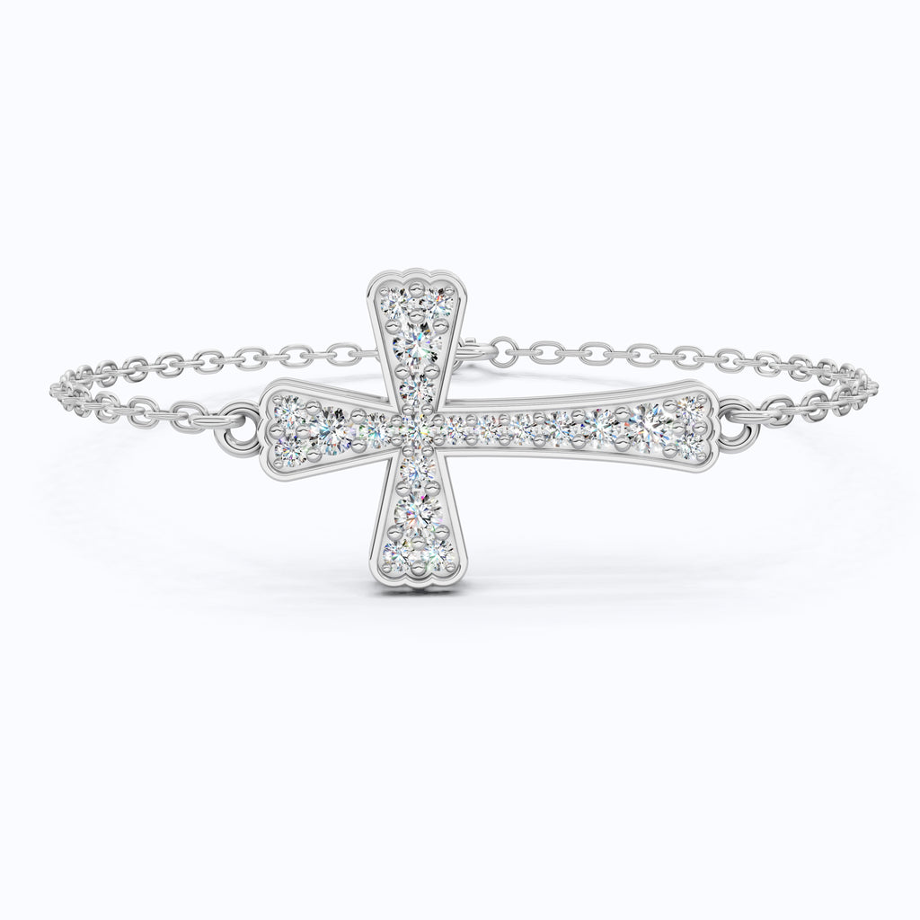 Tapered pavé cross Chain bracelet in 14K Solid Gold, 0.52 TCW Round Cut Lab Created Diamonds, Dainty Faith Bracelet, Wedding Gift for Her