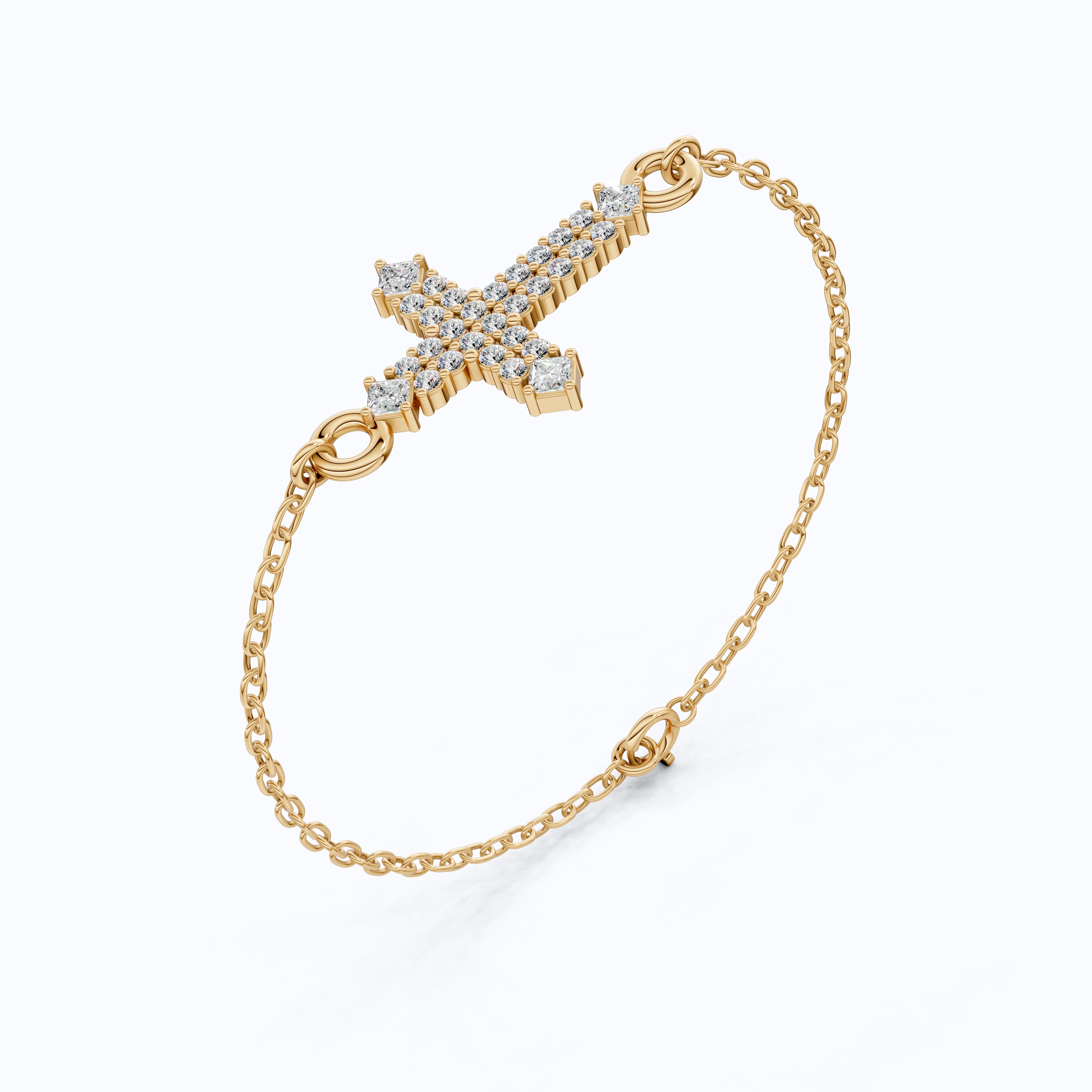 Modern Row Cross Pavé Chain Bracelet in 14K Solid Gold, 0.16 TCW Princess/Round Cut Lab Created Diamonds, Faith Bracelet, Bridal Jewelry, Wedding Gift