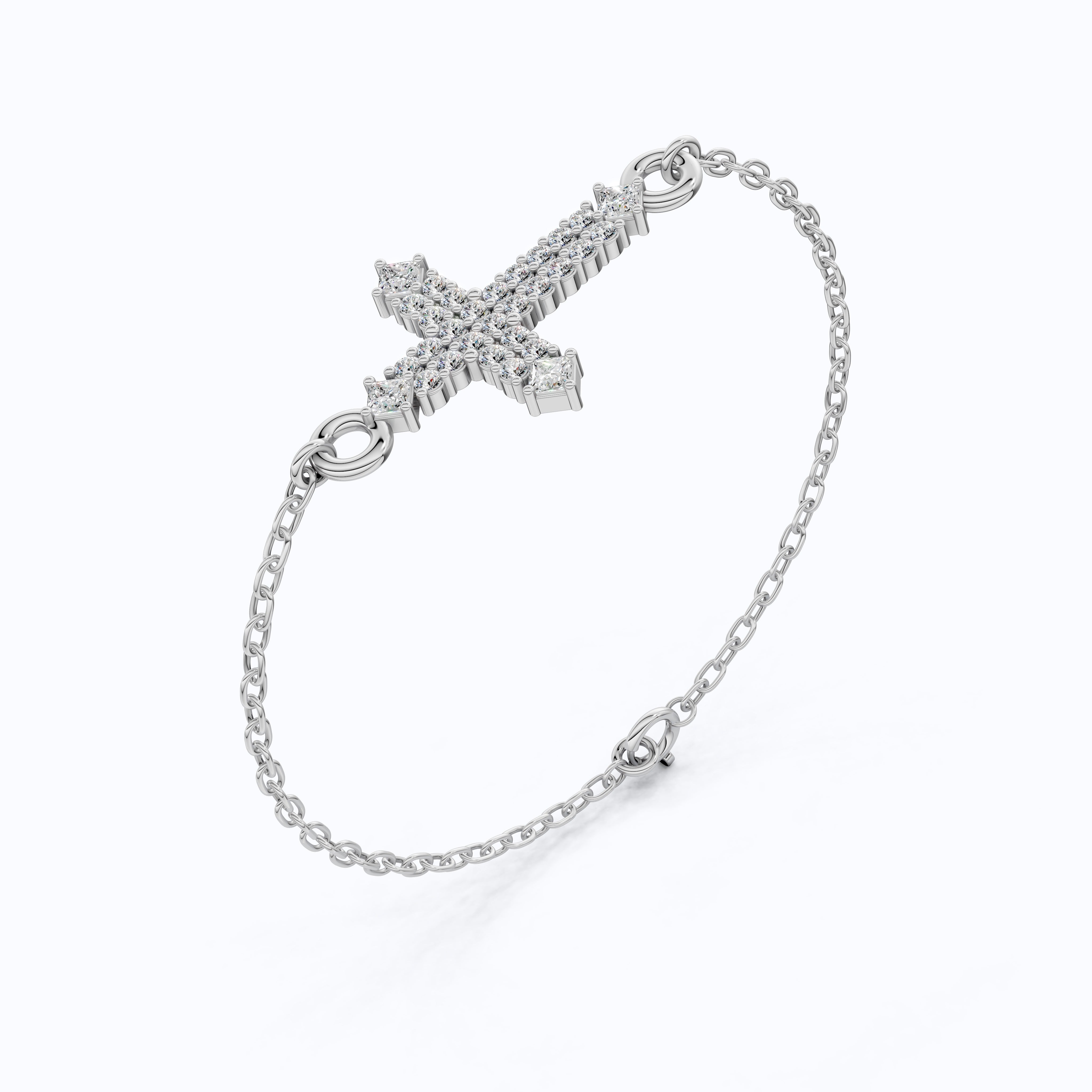 Modern Row Cross Pavé Chain Bracelet in 14K Solid Gold, 0.16 TCW Princess/Round Cut Lab Created Diamonds, Faith Bracelet, Bridal Jewelry, Wedding Gift