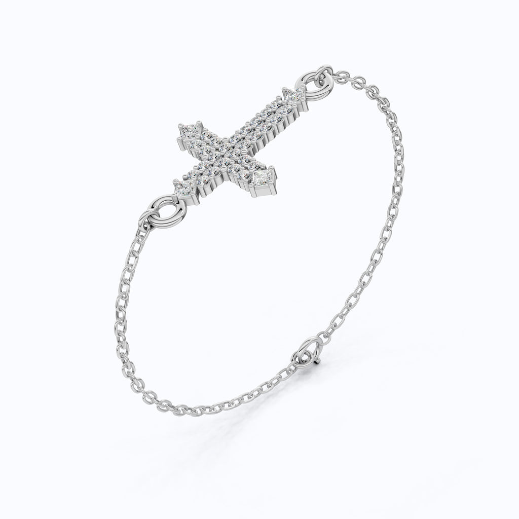 Modern Row Cross Pavé Chain Bracelet in 14K Solid Gold, 0.16 TCW Princess/Round Cut Lab Created Diamonds, Faith Bracelet, Bridal Jewelry, Wedding Gift