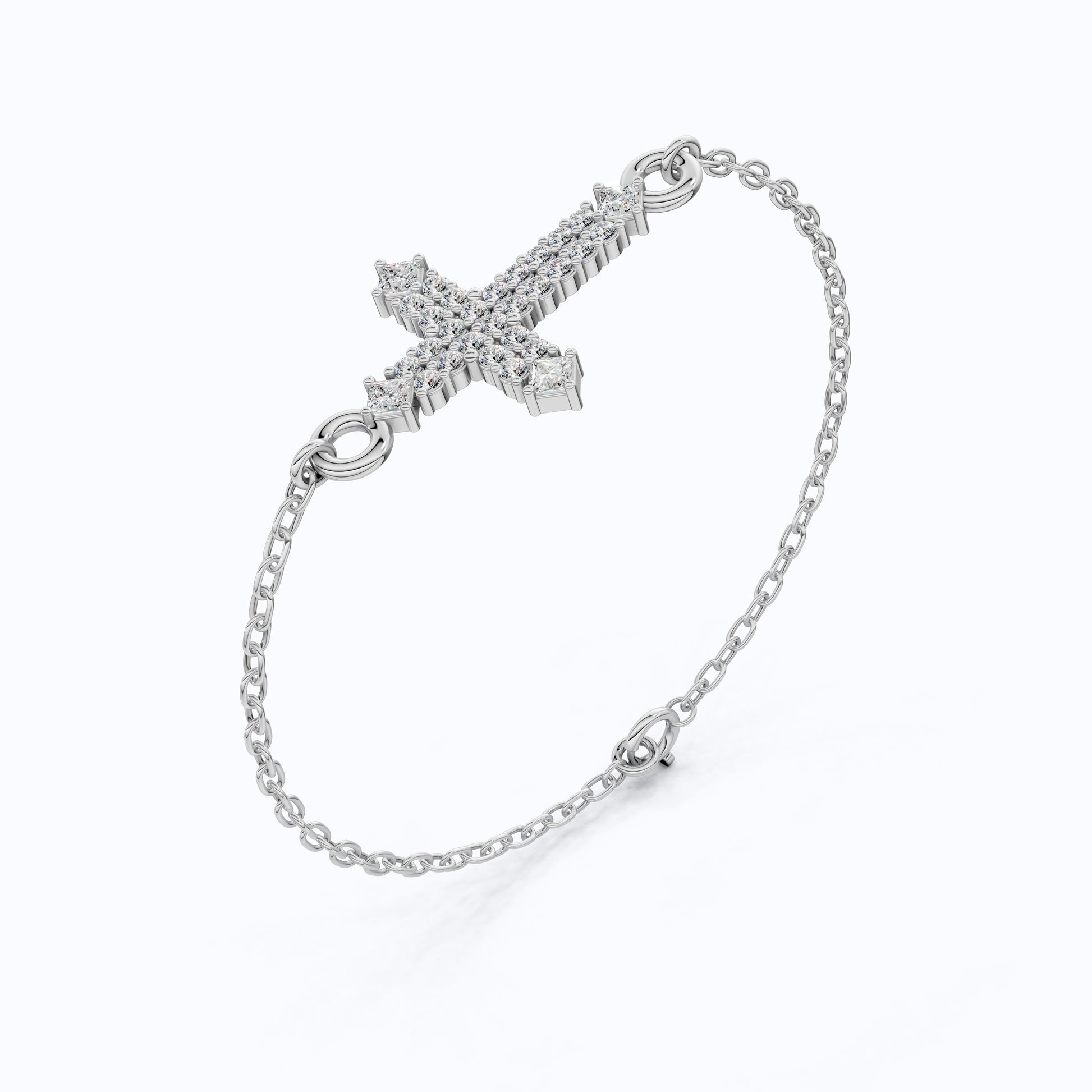 Modern Row Cross Pavé Chain Bracelet in 14K Solid Gold, 0.16 TCW Princess/Round Cut Lab Created Diamonds, Faith Bracelet, Bridal Jewelry, Wedding Gift