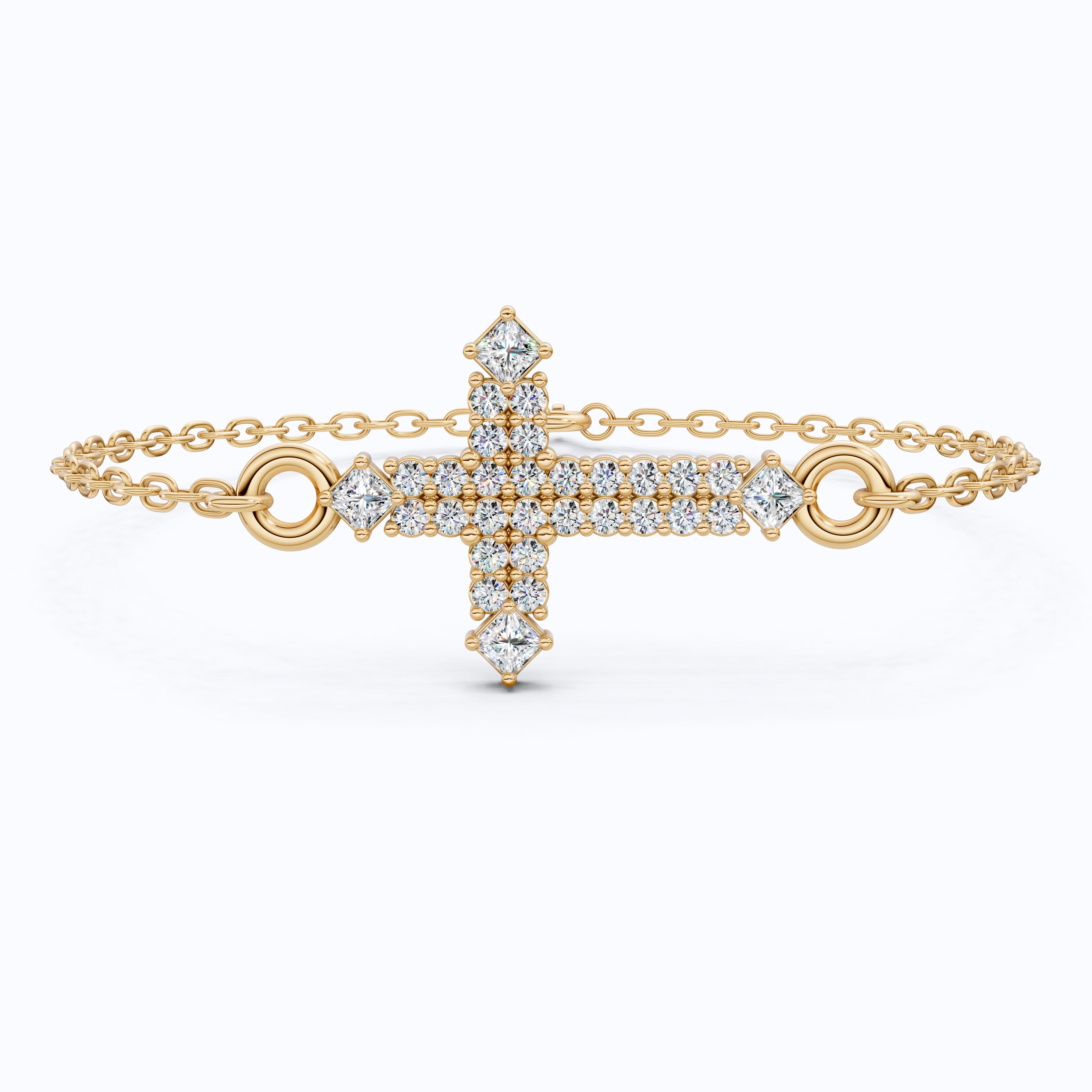 Modern Row Cross Pavé Chain Bracelet in 14K Solid Gold, 0.16 TCW Princess/Round Cut Lab Created Diamonds, Faith Bracelet, Bridal Jewelry, Wedding Gift