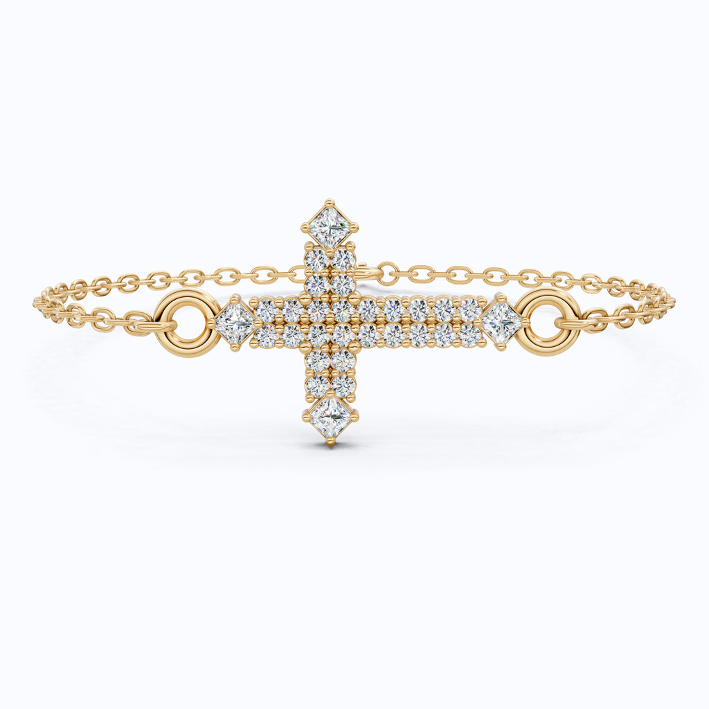 Modern Row Cross Pavé Chain Bracelet in 14K Solid Gold, 0.16 TCW Princess/Round Cut Lab Created Diamonds, Faith Bracelet, Bridal Jewelry, Wedding Gift