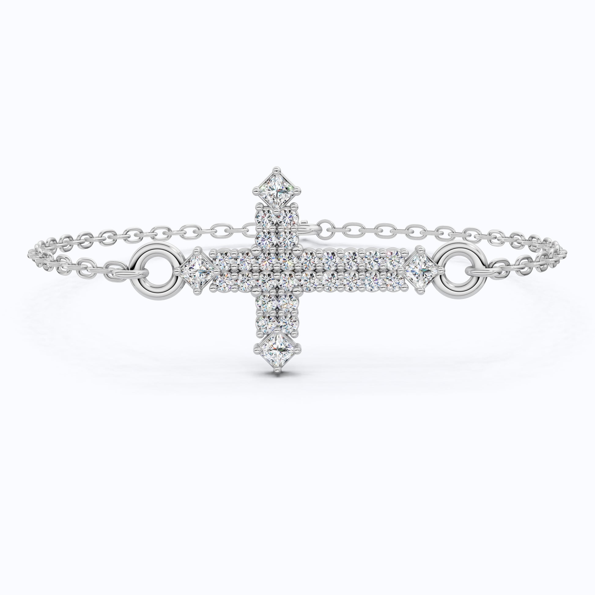 Modern Row Cross Pavé Chain Bracelet in 14K Solid Gold, 0.16 TCW Princess/Round Cut Lab Created Diamonds, Faith Bracelet, Bridal Jewelry, Wedding Gift