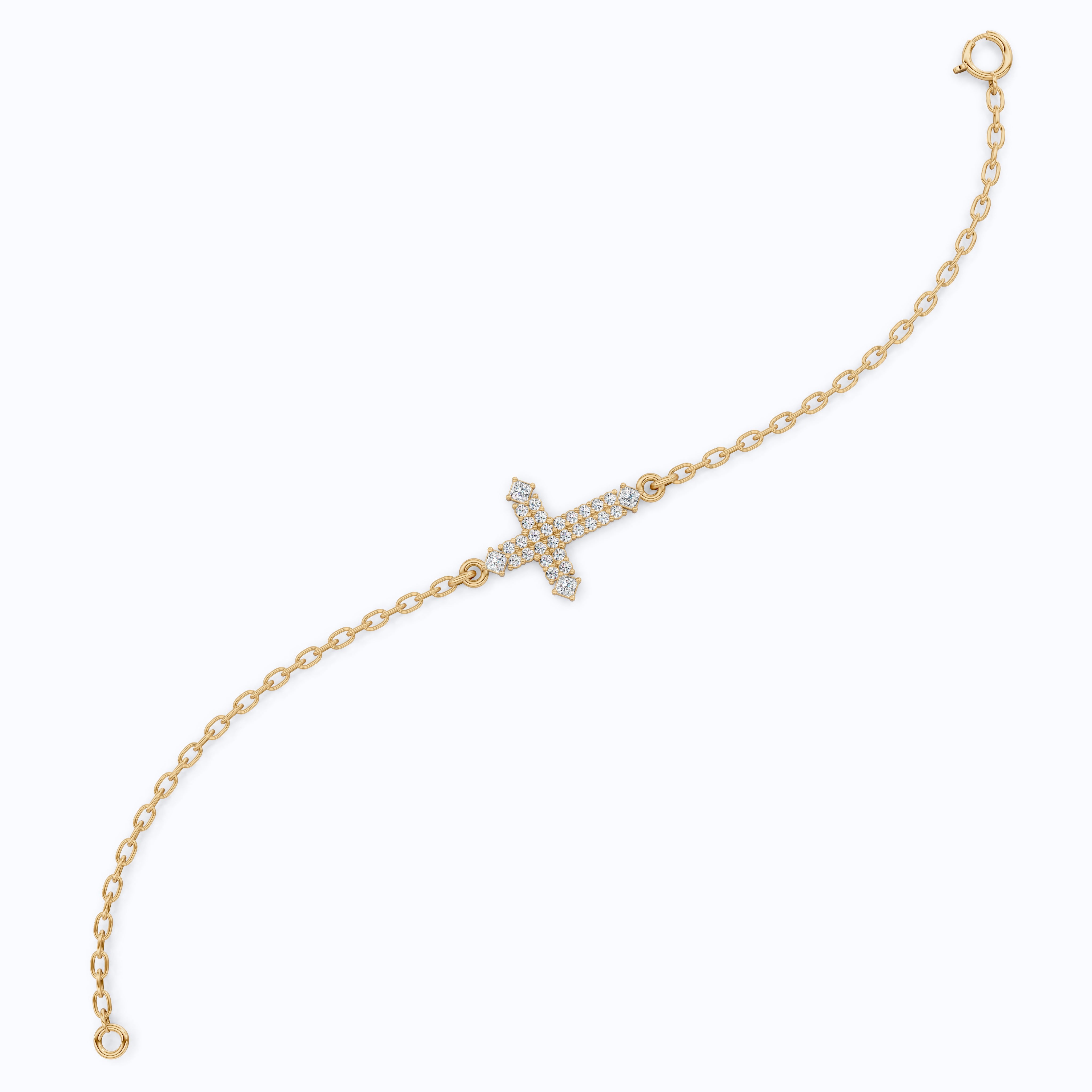 Modern Row Cross Pavé Chain Bracelet in 14K Solid Gold, 0.16 TCW Princess/Round Cut Lab Created Diamonds, Faith Bracelet, Bridal Jewelry, Wedding Gift