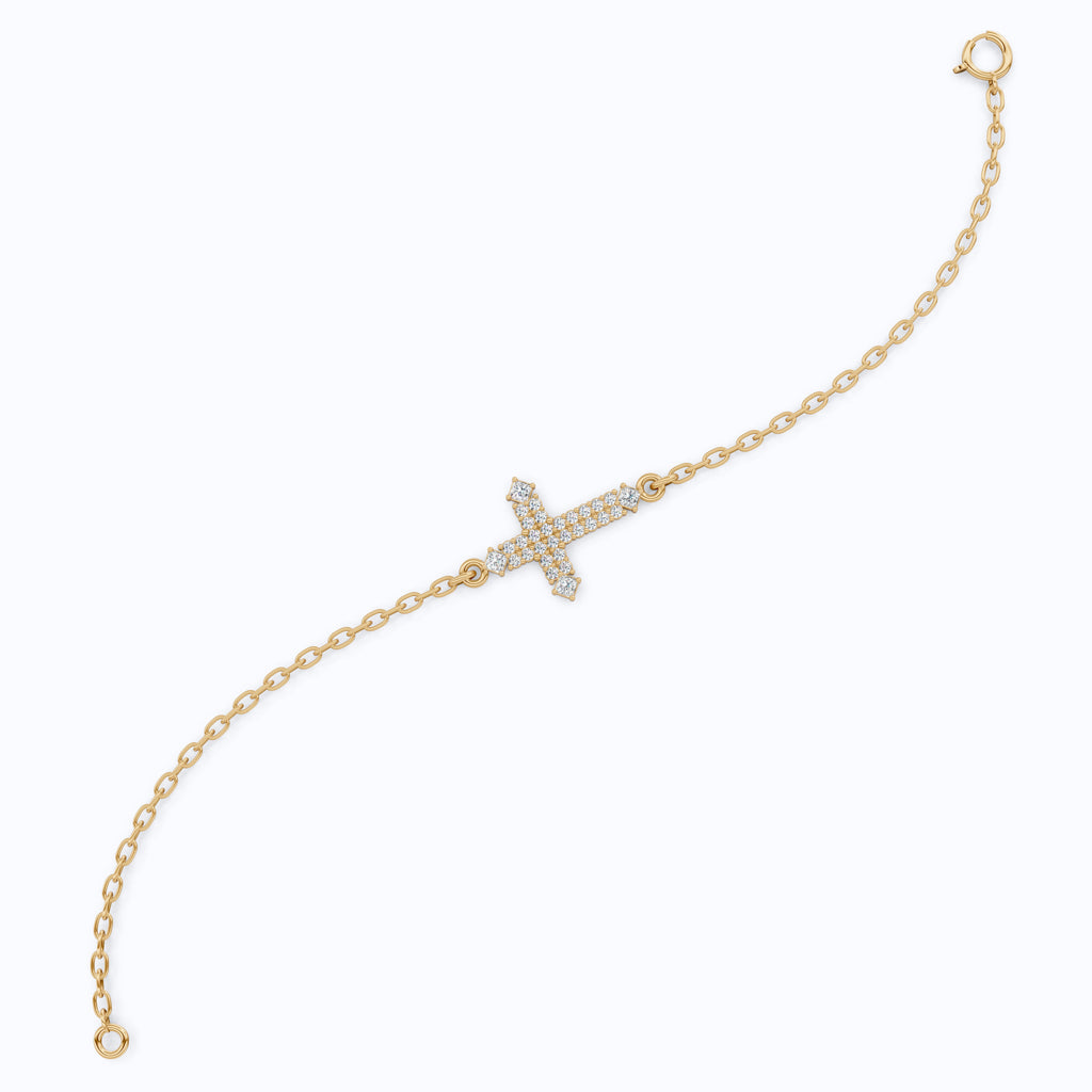 Modern Row Cross Pavé Chain Bracelet in 14K Solid Gold, 0.16 TCW Princess/Round Cut Lab Created Diamonds, Faith Bracelet, Bridal Jewelry, Wedding Gift