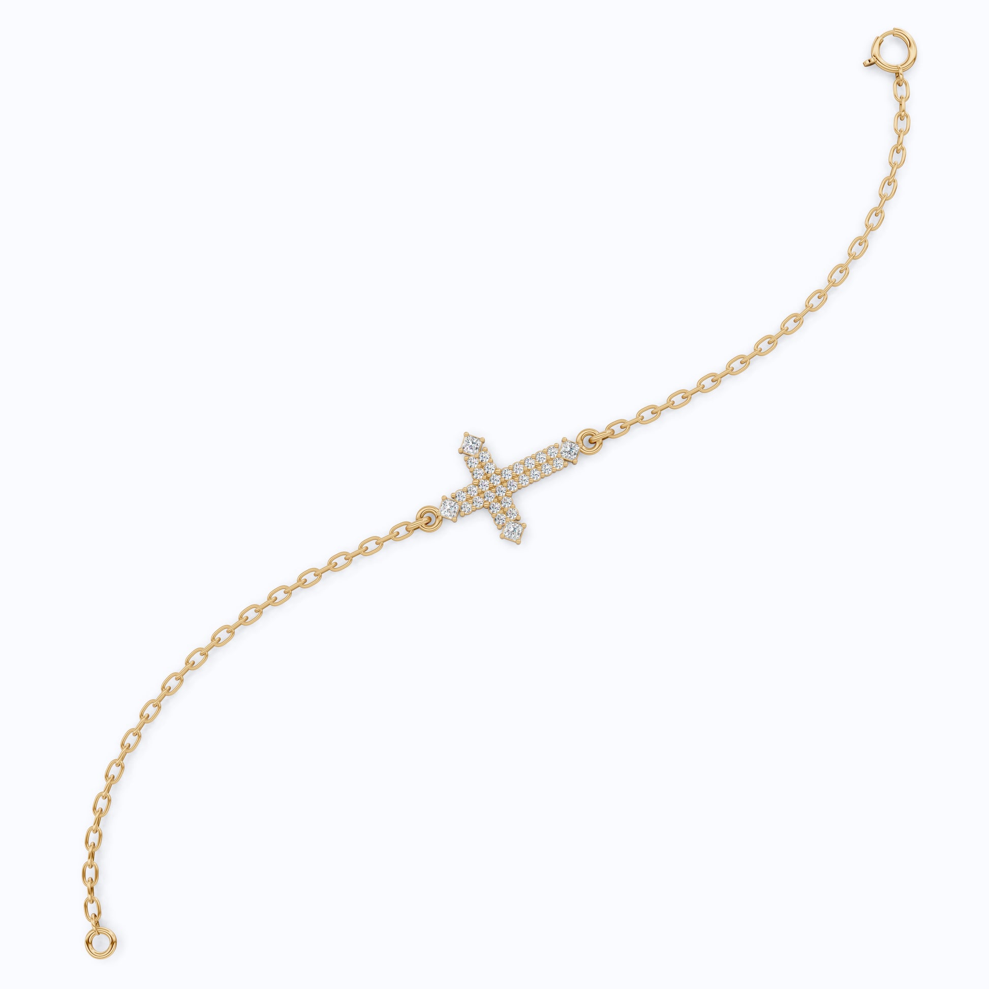 Modern Row Cross Pavé Chain Bracelet in 14K Solid Gold, 0.16 TCW Princess/Round Cut Lab Created Diamonds, Faith Bracelet, Bridal Jewelry, Wedding Gift