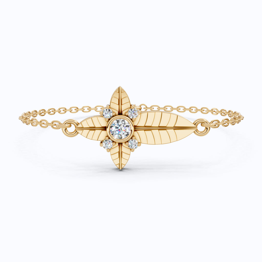 Nature Leaf Cross Charm Bracelet in 14k Solid Gold, 0.20 TCW Round Cut Lab Grown Diamonds, Botanical Bracelet, Gift for Her, Wedding Jewelry