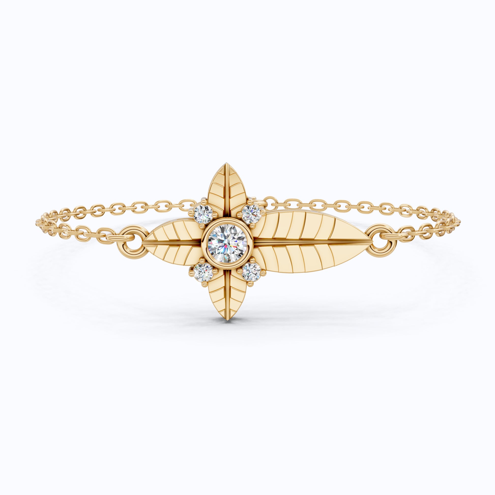 Nature Leaf Cross Charm Bracelet in 14k Solid Gold, 0.20 TCW Round Cut Lab Grown Diamonds, Botanical Bracelet, Gift for Her, Wedding Jewelry