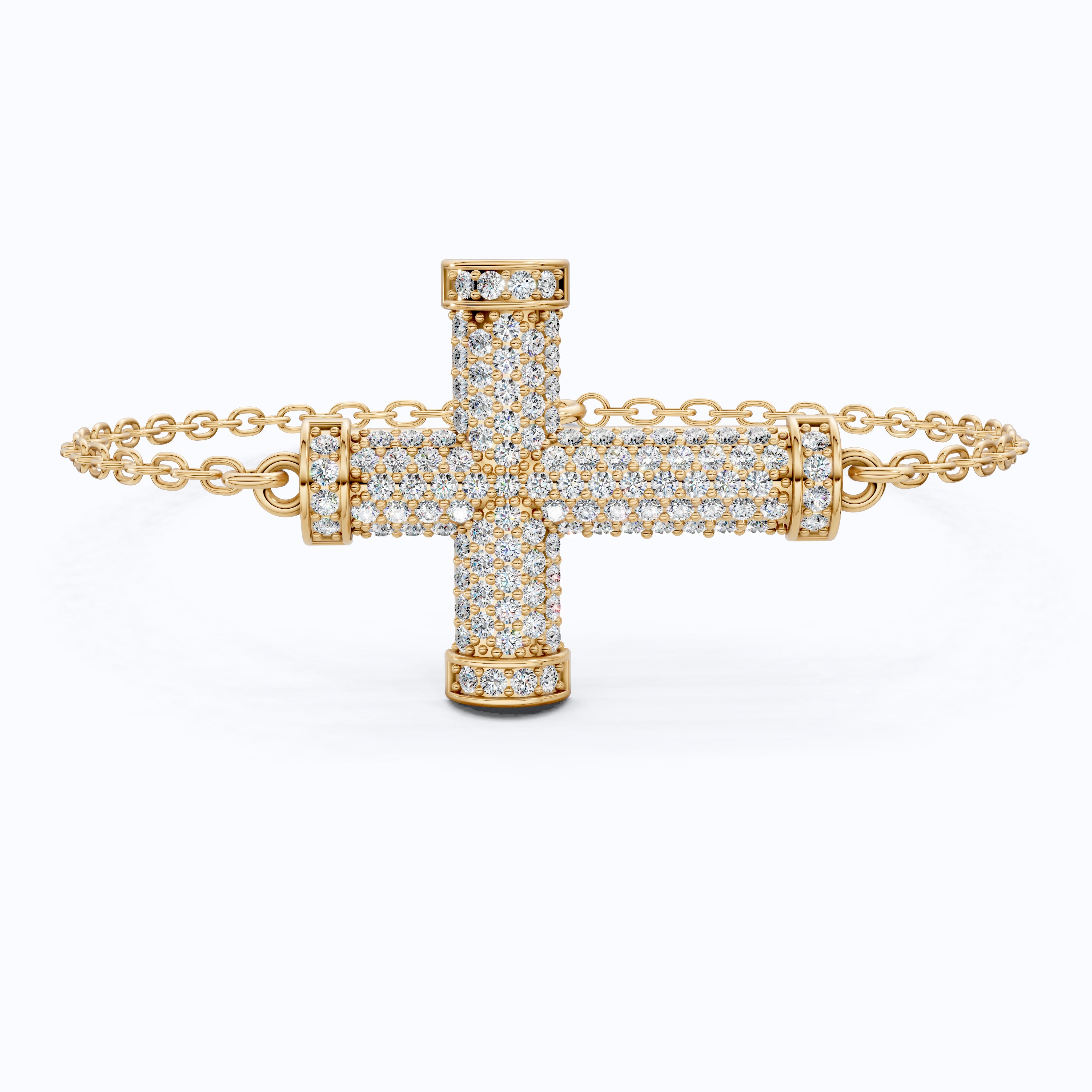 Statement Pavé Cross Design Bracelet in 14K Solid Gold, 0.58 TCW Round Cut Lab Grown Diamonds, Handmade Chain Bracelet, Anniversary Gift for Her