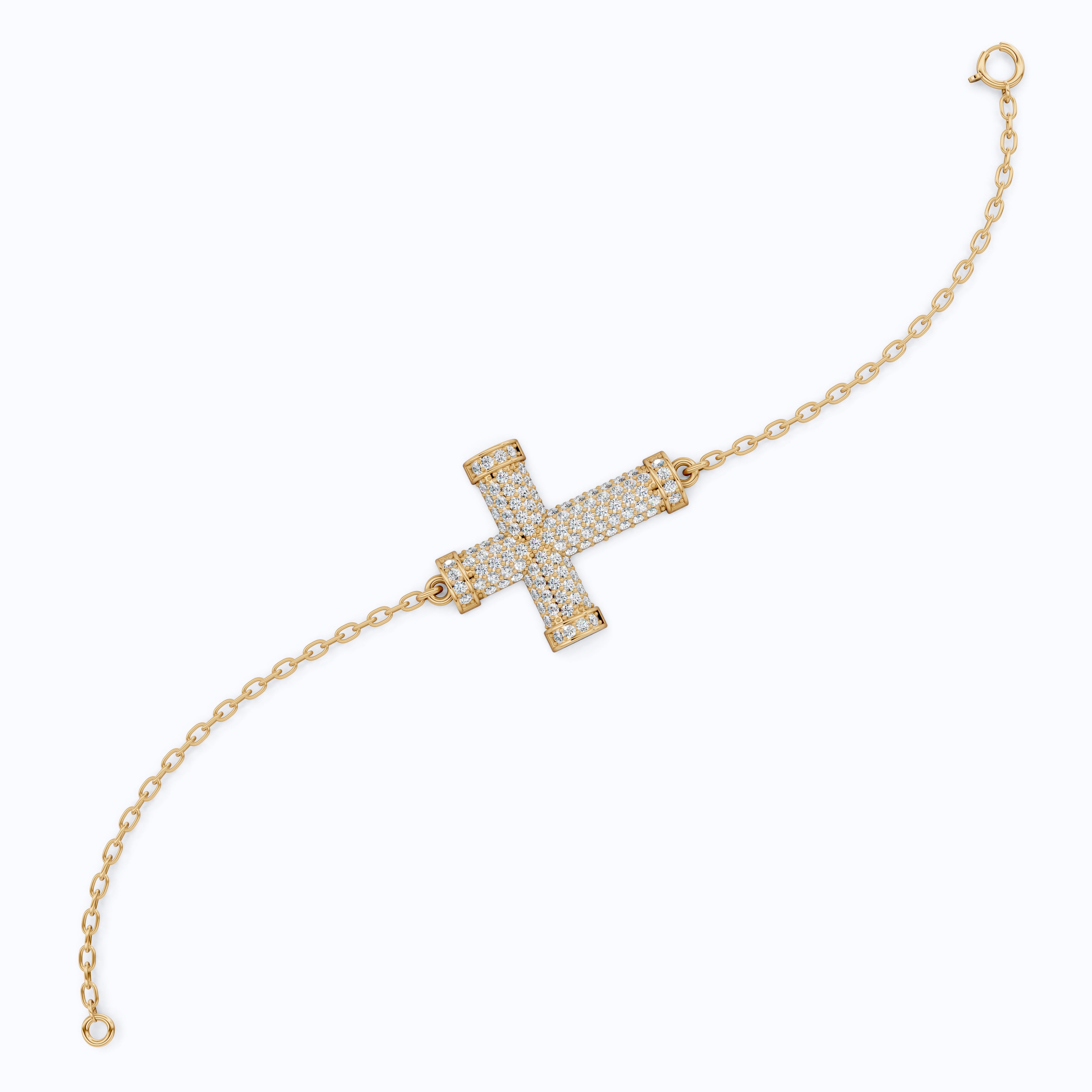 Statement Pavé Cross Design Bracelet in 14K Solid Gold, 0.58 TCW Round Cut Lab Grown Diamonds, Handmade Chain Bracelet, Anniversary Gift for Her