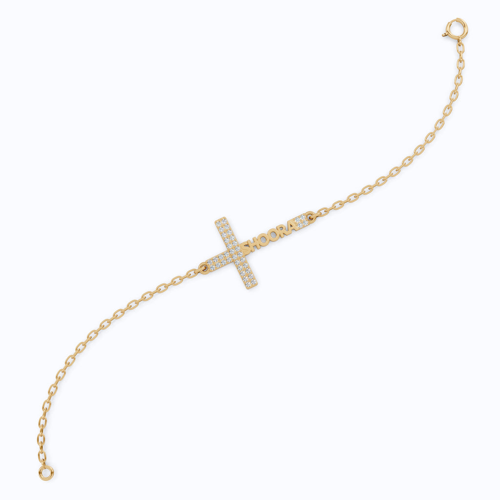 Elegant Pavé Cross Personalized Chain Bracelet in 14K Solid Gold, 0.18 TCW Round Cut Lab Grown Diamonds, Bridal Jewelry, Wedding Jewelry, Birthday Gift for Her