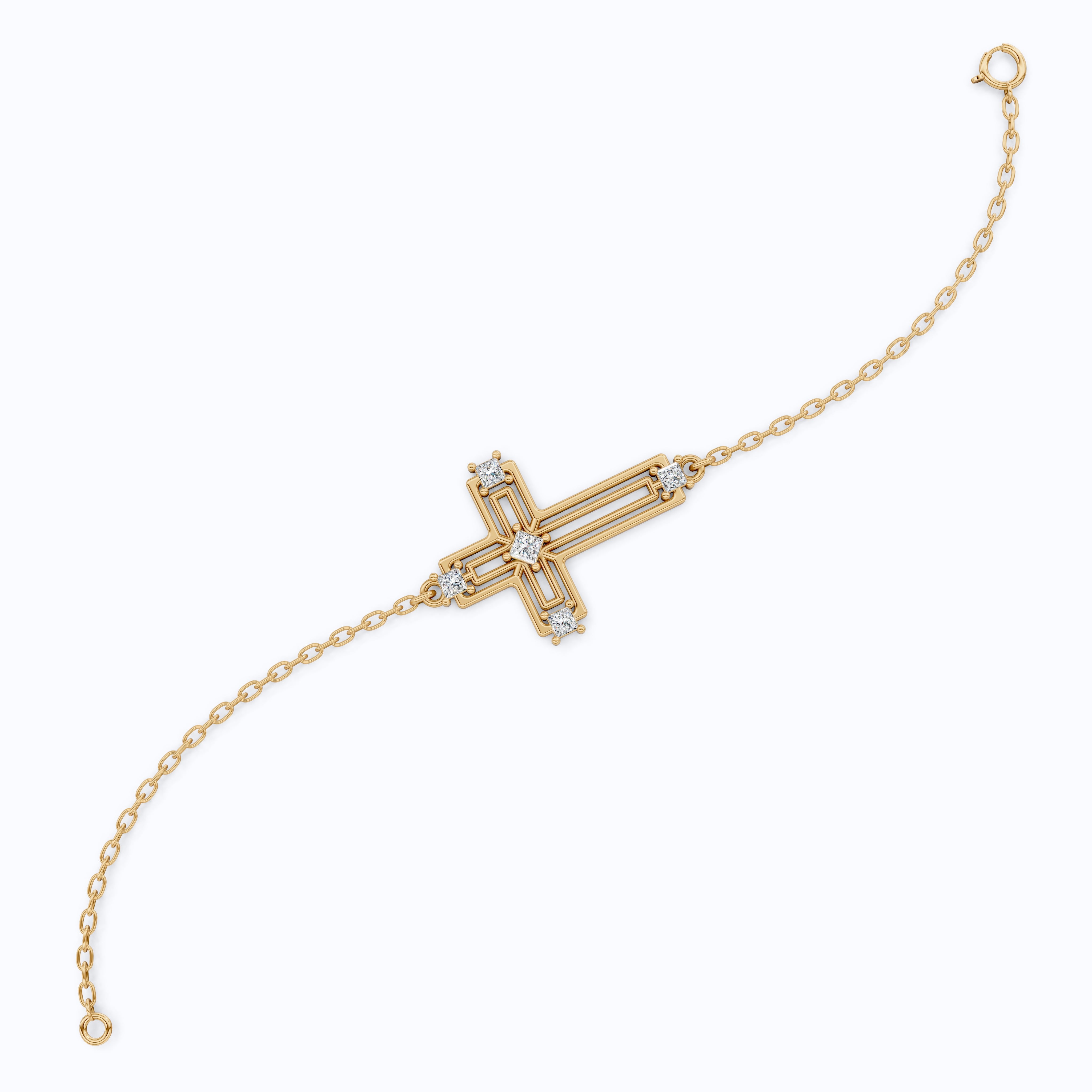 Open Work Cross Chain Bracelet in 14K Solid Gold, 0.32 TCW Princess Cut Lab Created Diamonds, Faith Jewelry, Anniversary Gift for Her, Everyday Bracelet