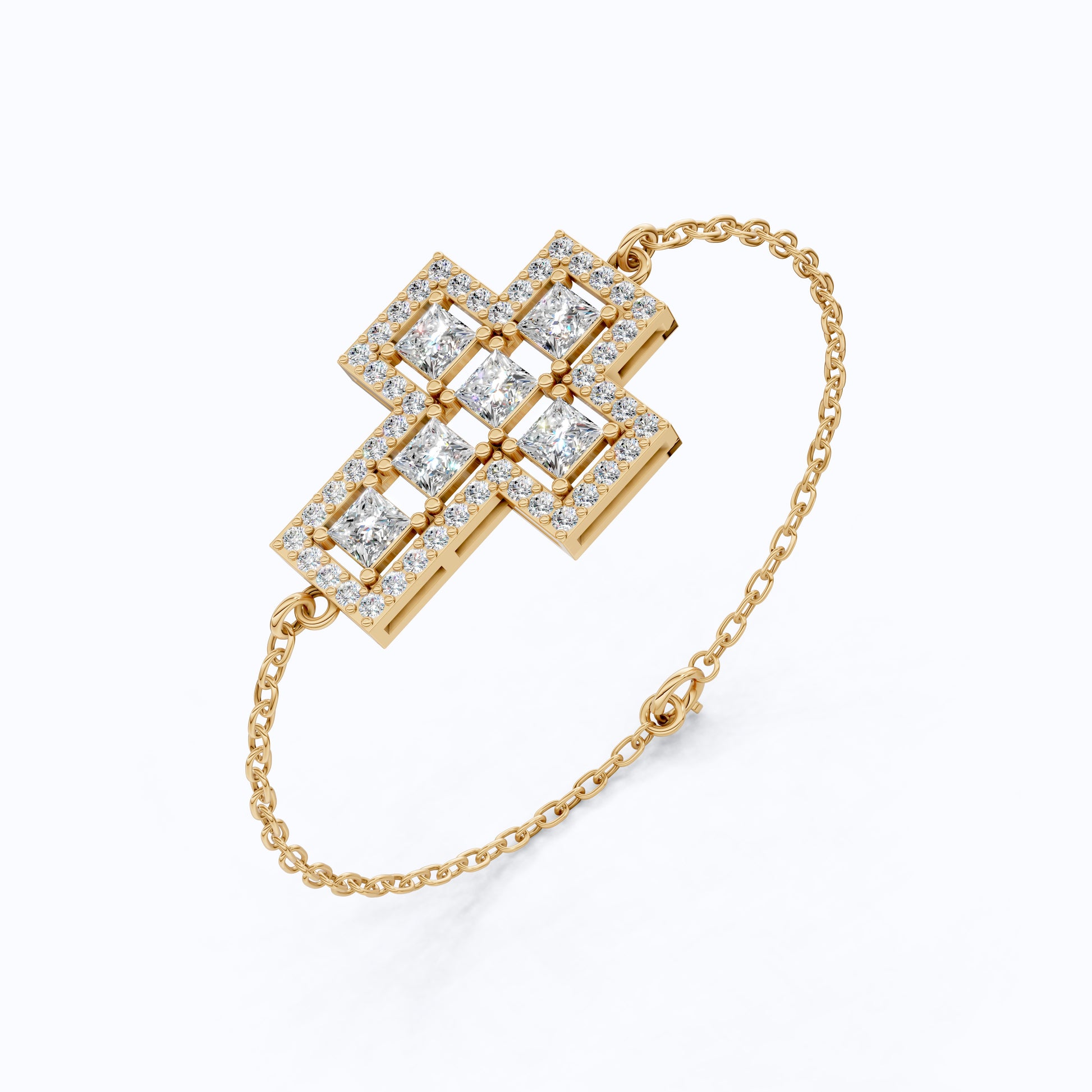 Jesus Cross Pavé Cluster Cross Chain Bracelet in 14k Solid Gold, 2.14 TCW Princess/Round Cut Lab Diamonds, Faith Gift for Her, Handmade Jewelry