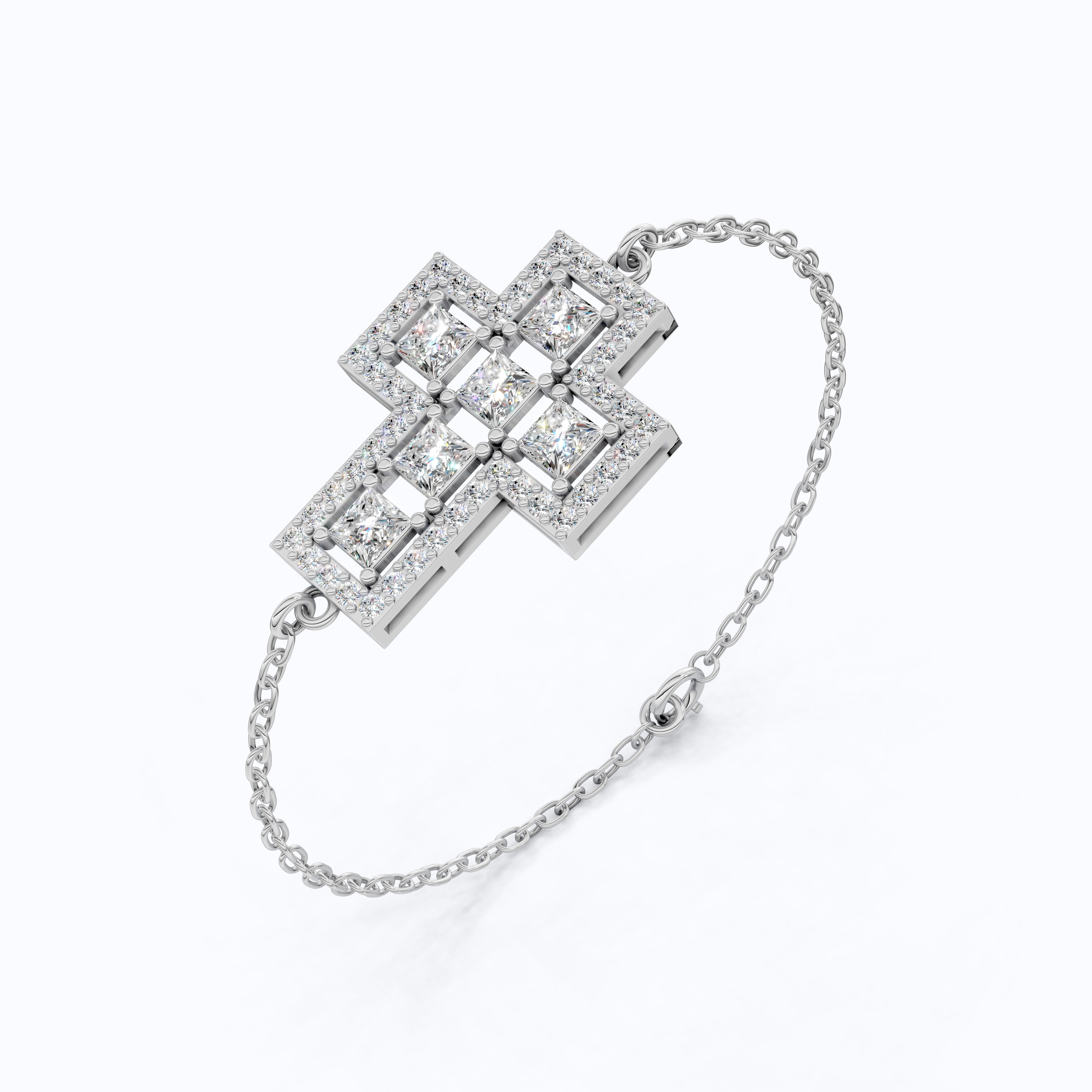 Jesus Cross Pavé Cluster Cross Chain Bracelet in 14k Solid Gold, 2.14 TCW Princess/Round Cut Lab Diamonds, Faith Gift for Her, Handmade Jewelry