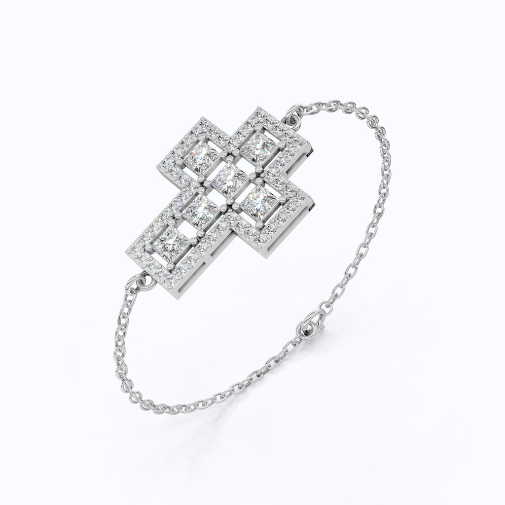 Jesus Cross Pavé Cluster Cross Chain Bracelet in 14k Solid Gold, 2.14 TCW Princess/Round Cut Lab Diamonds, Faith Gift for Her, Handmade Jewelry