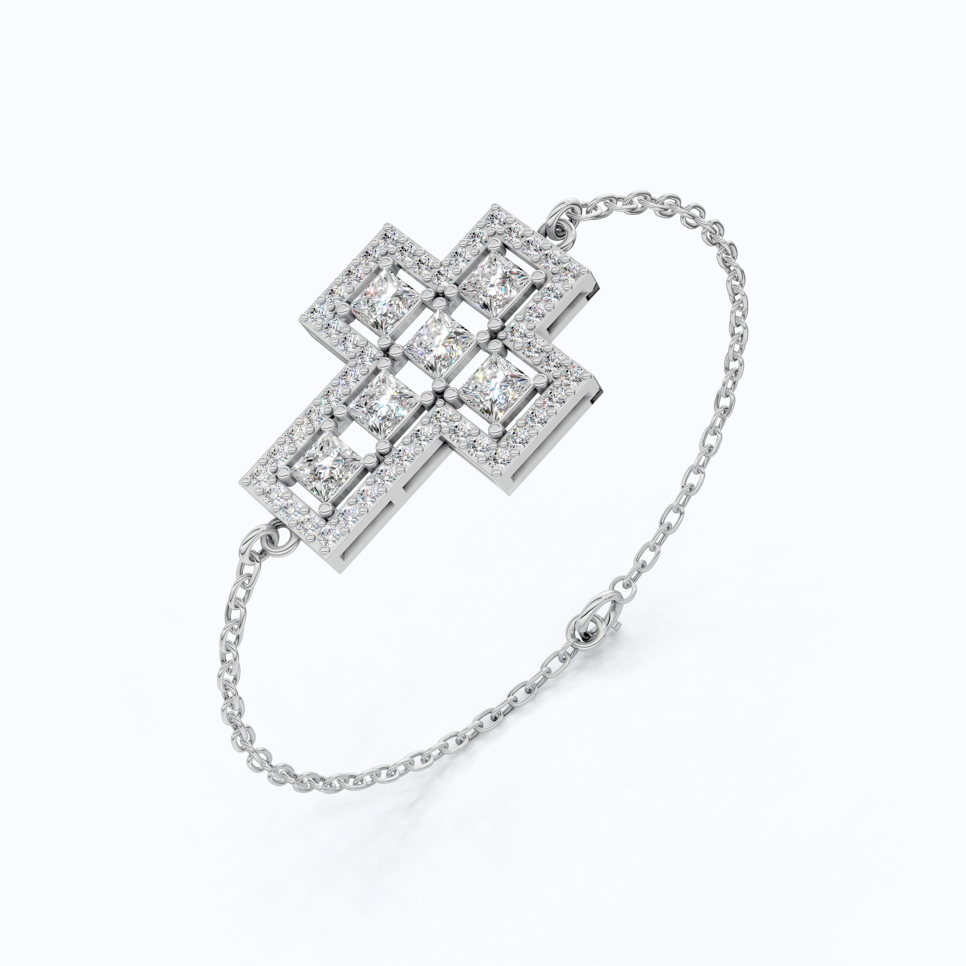 Jesus Cross Pavé Cluster Cross Chain Bracelet in 14k Solid Gold, 2.14 TCW Princess/Round Cut Lab Diamonds, Faith Gift for Her, Handmade Jewelry