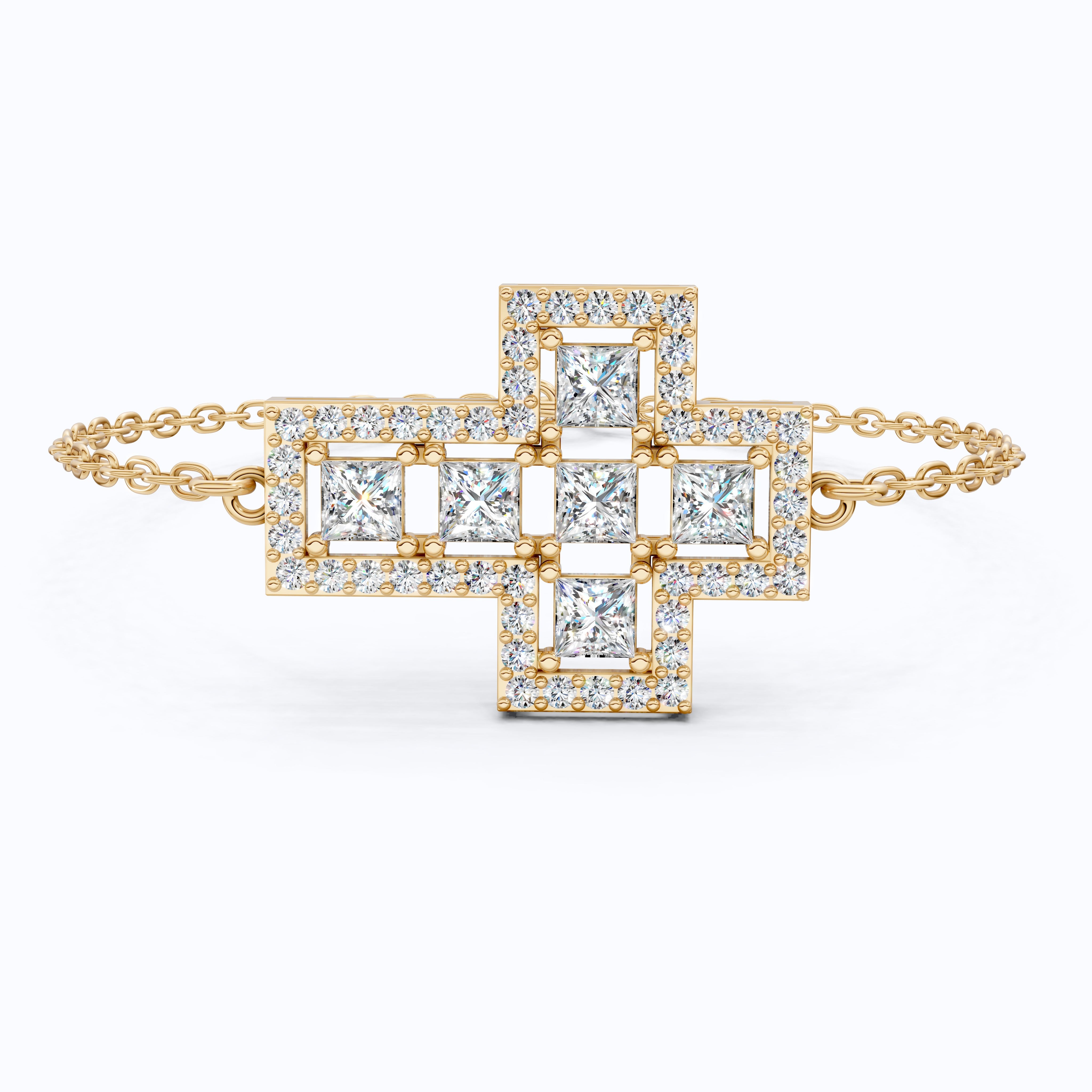 Jesus Cross Pavé Cluster Cross Chain Bracelet in 14k Solid Gold, 2.14 TCW Princess/Round Cut Lab Diamonds, Faith Gift for Her, Handmade Jewelry