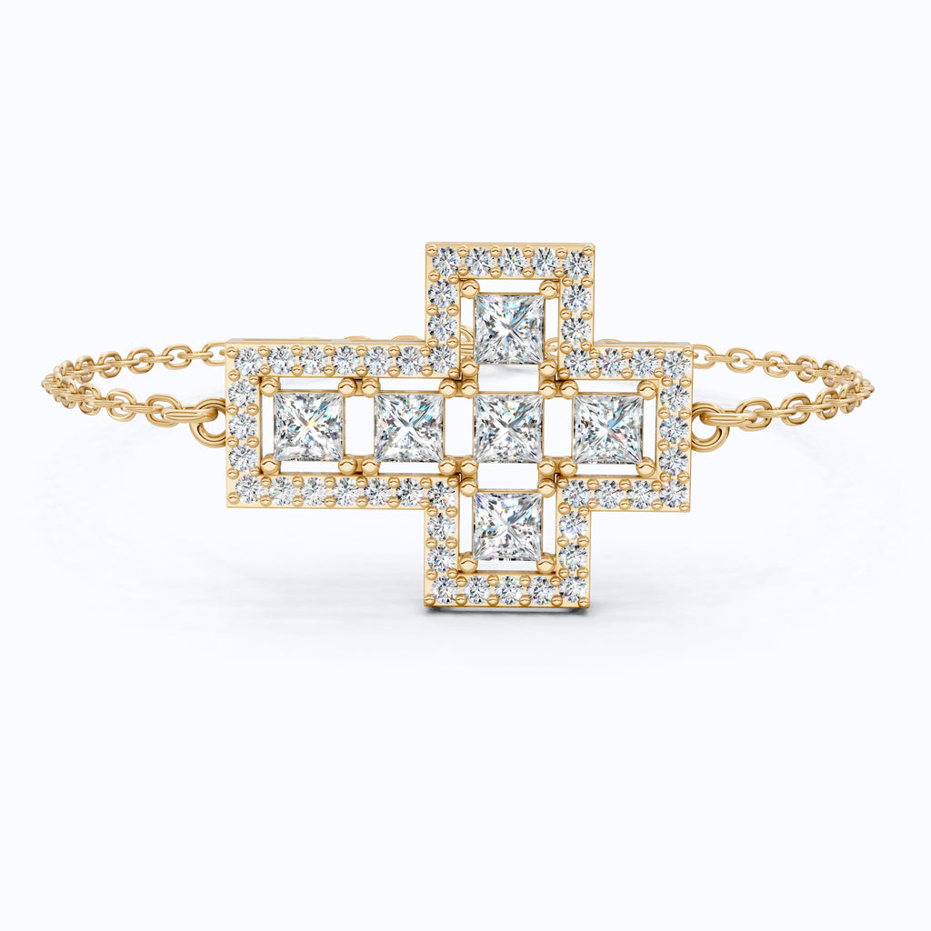 Jesus Cross Pavé Cluster Cross Chain Bracelet in 14k Solid Gold, 2.14 TCW Princess/Round Cut Lab Diamonds, Faith Gift for Her, Handmade Jewelry